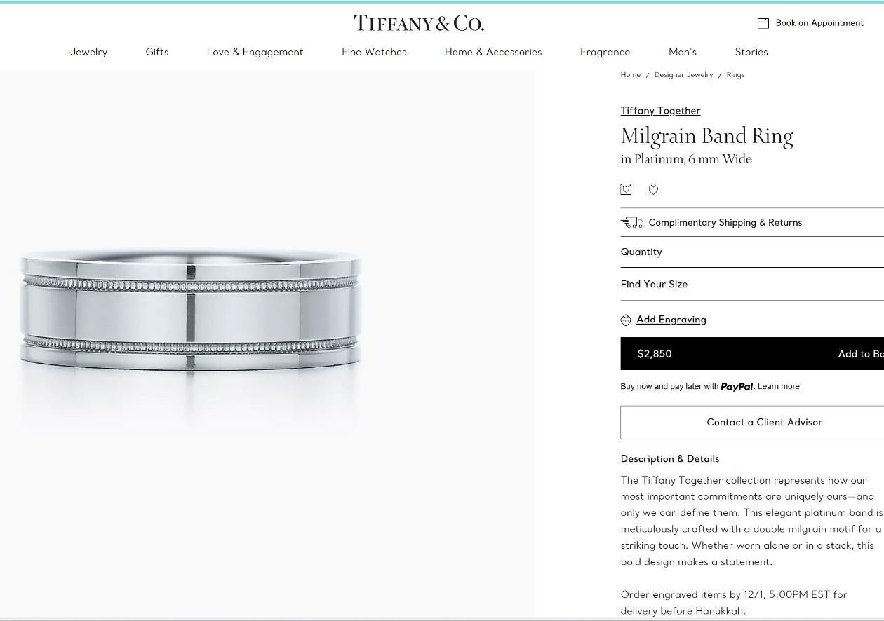 TIFFANY & Co. Together Platinum 6mm Double Milgrain Wedding Band Ring 7.5 In Excellent Condition In Los Angeles, CA