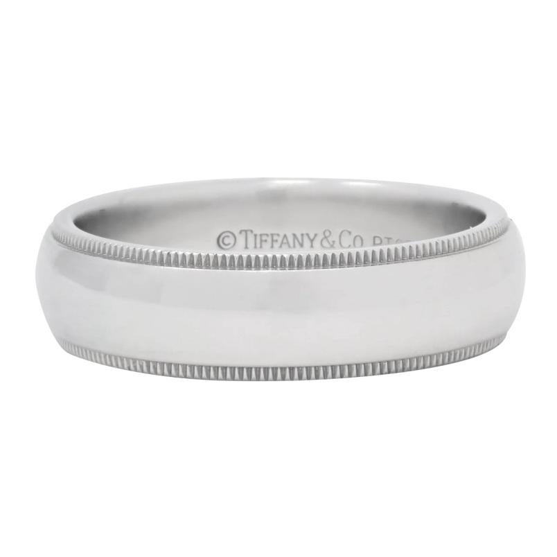 TIFFANY & Co. Together Platinum 6mm Milgrain Wedding Band Ring 9

 Metal: Platinum 
 Size: 9 
 Band Width: 6mm
 Weight: 13.90 grams
 Hallmark: ©TIFFANY&CO. PT950

Authenticity Guaranteed