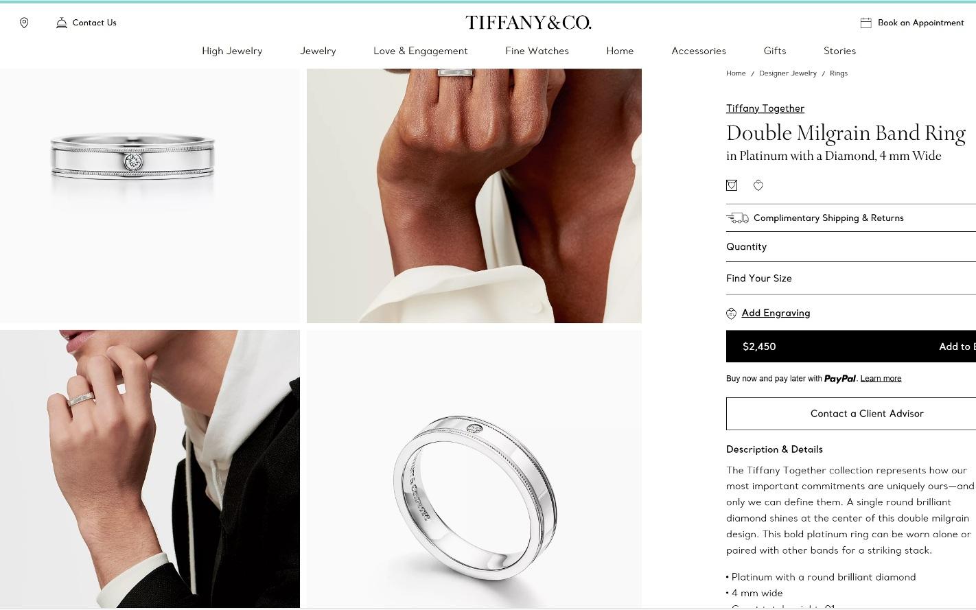 Tiffany & Co. Bague jonc à double grain en platine sertie d'un diamant taille 8 Unisexe en vente