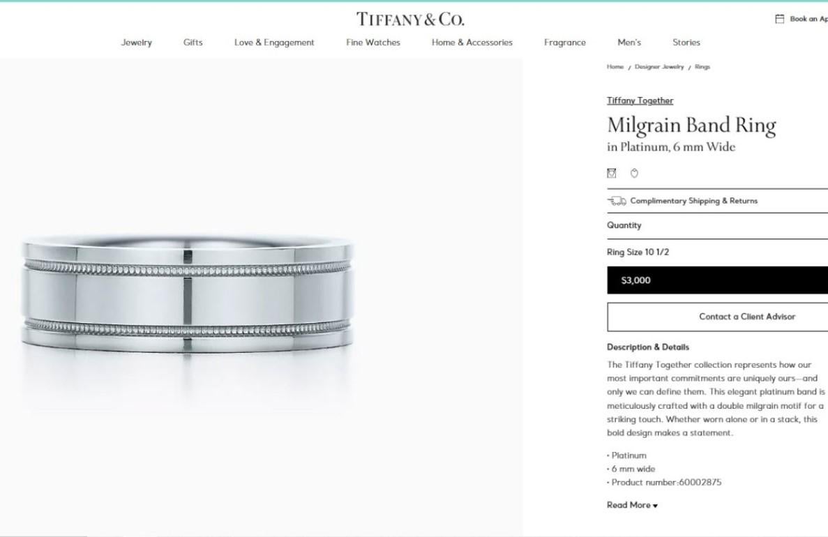 TIFFANY & Co. Juntos Alianza de Platino Doble Milgrain 10.5 en venta 3