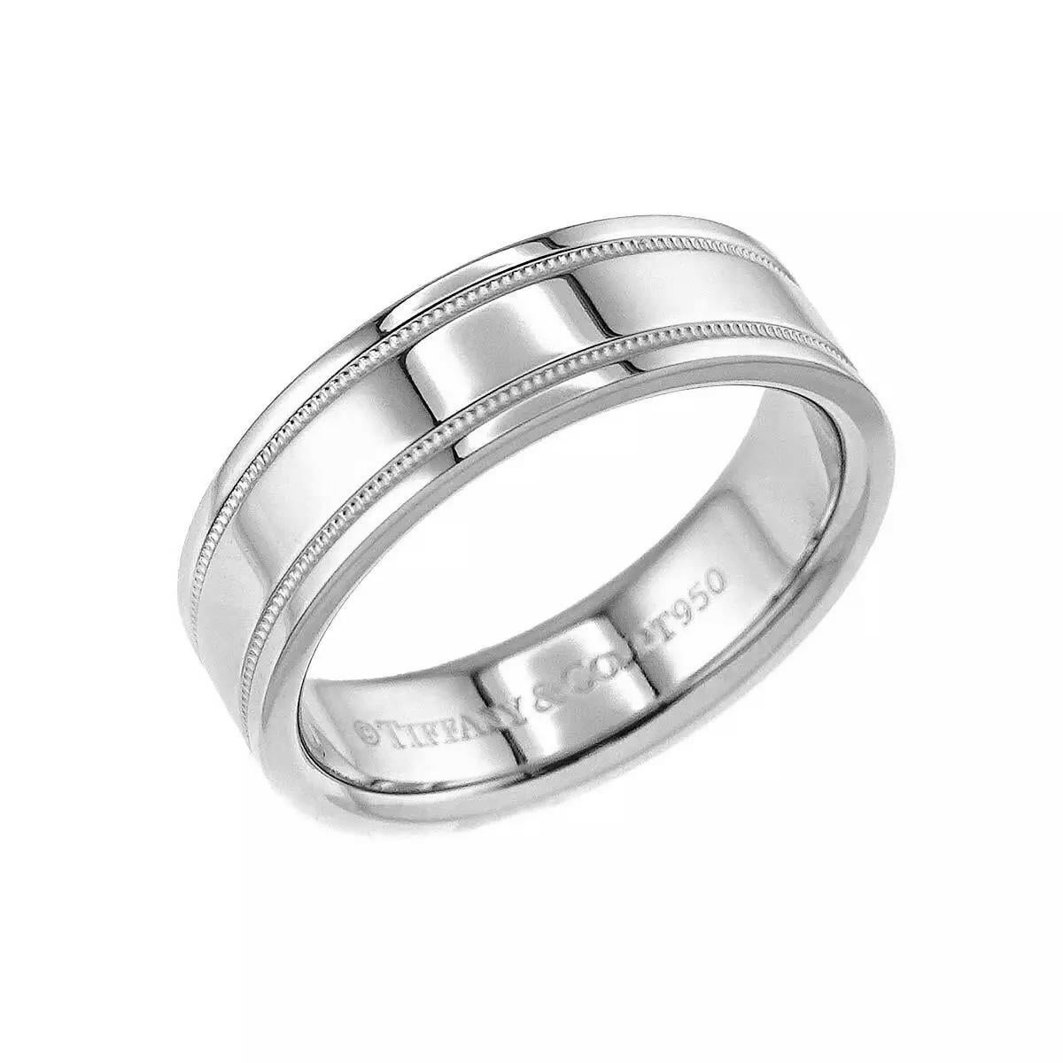 TIFFANY & Co. Together Platinum 6mm Double Milgrain Wedding Band Ring 8

 Metal: Platinum 
 Size: 8 
 Band Width: 6mm
 Weight: 13.40 grams
 Hallmark: ©TIFFANY&CO. PT950 
 Condition: Excellent condition, like new 
 Value: $2,950

Authenticity