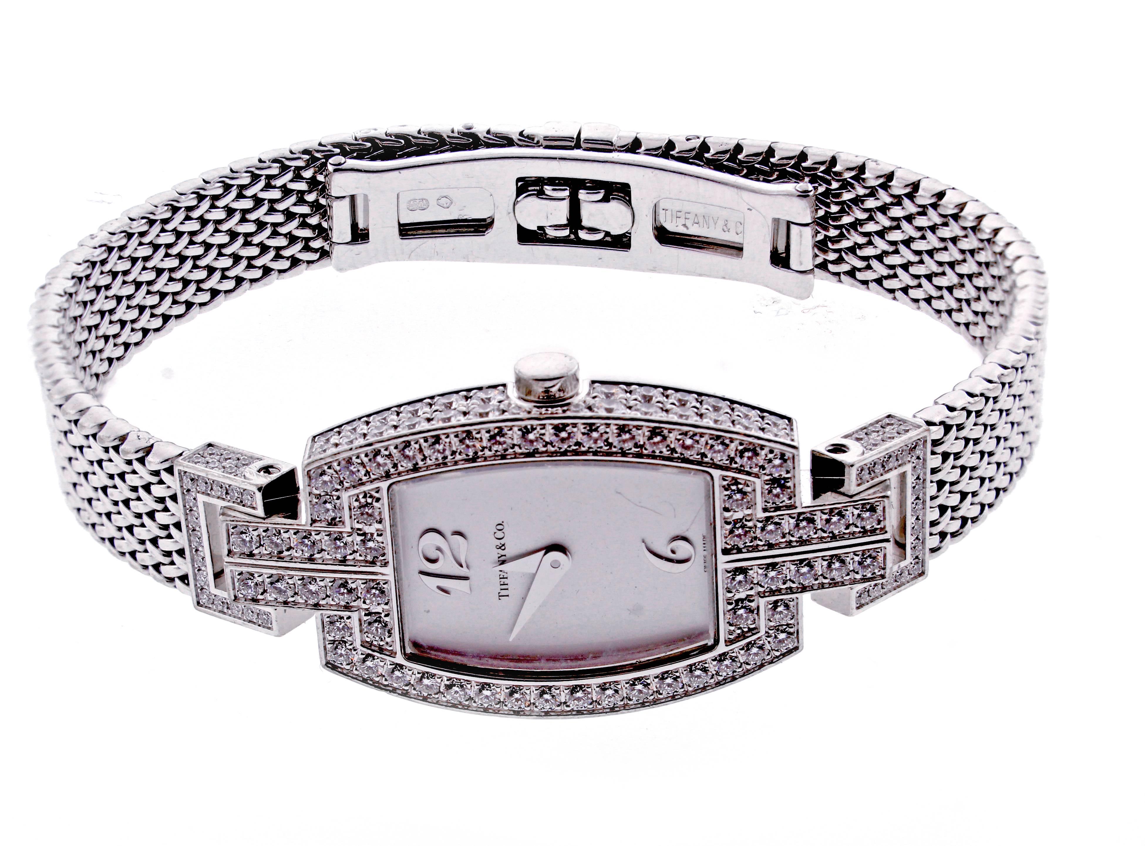 Tiffany & Co. ladies White Gold Diamonds Tonneau quartz Wristwatch In Excellent Condition In Bethesda, MD