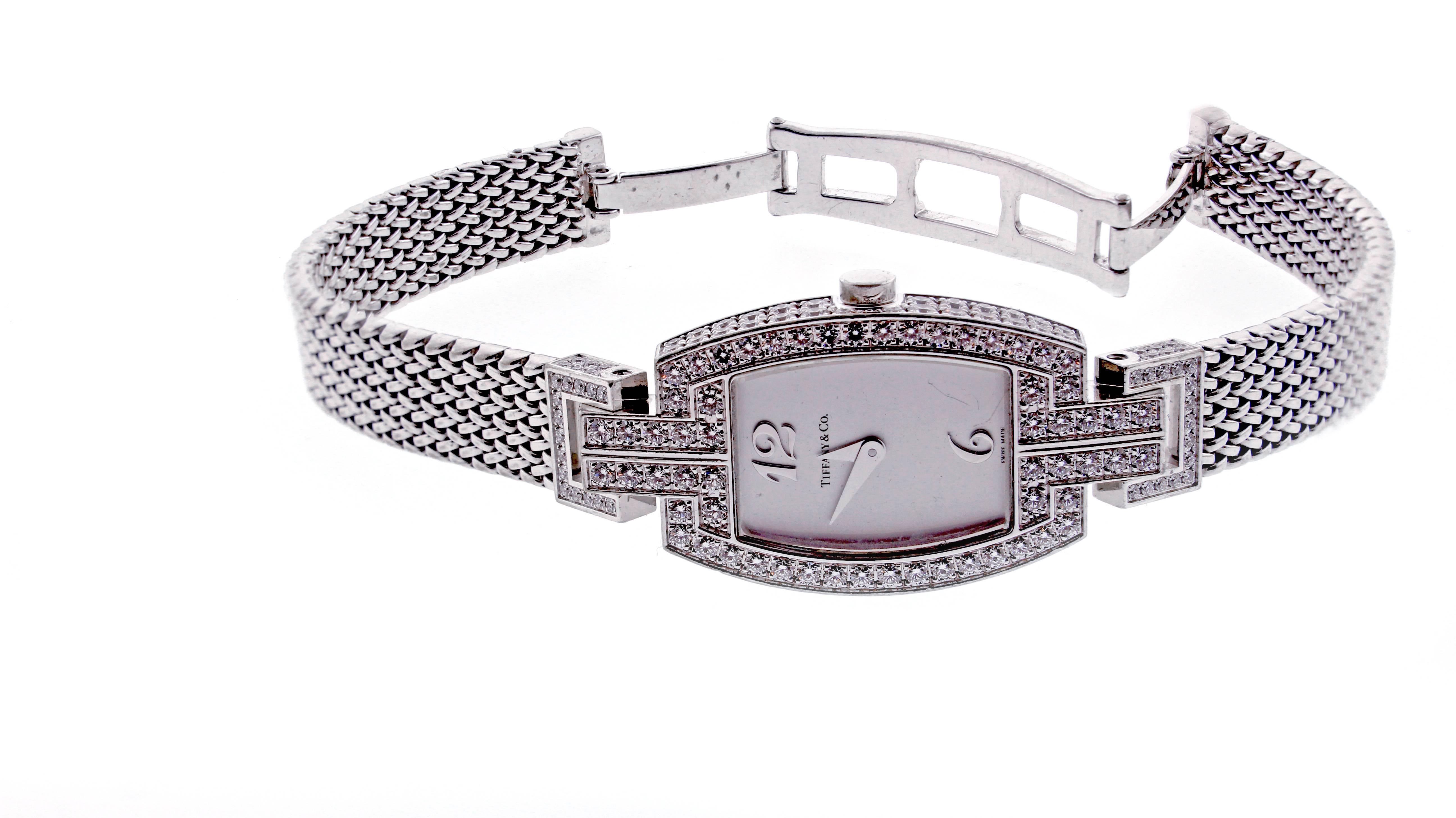 Women's or Men's Tiffany & Co. ladies White Gold Diamonds Tonneau quartz Wristwatch