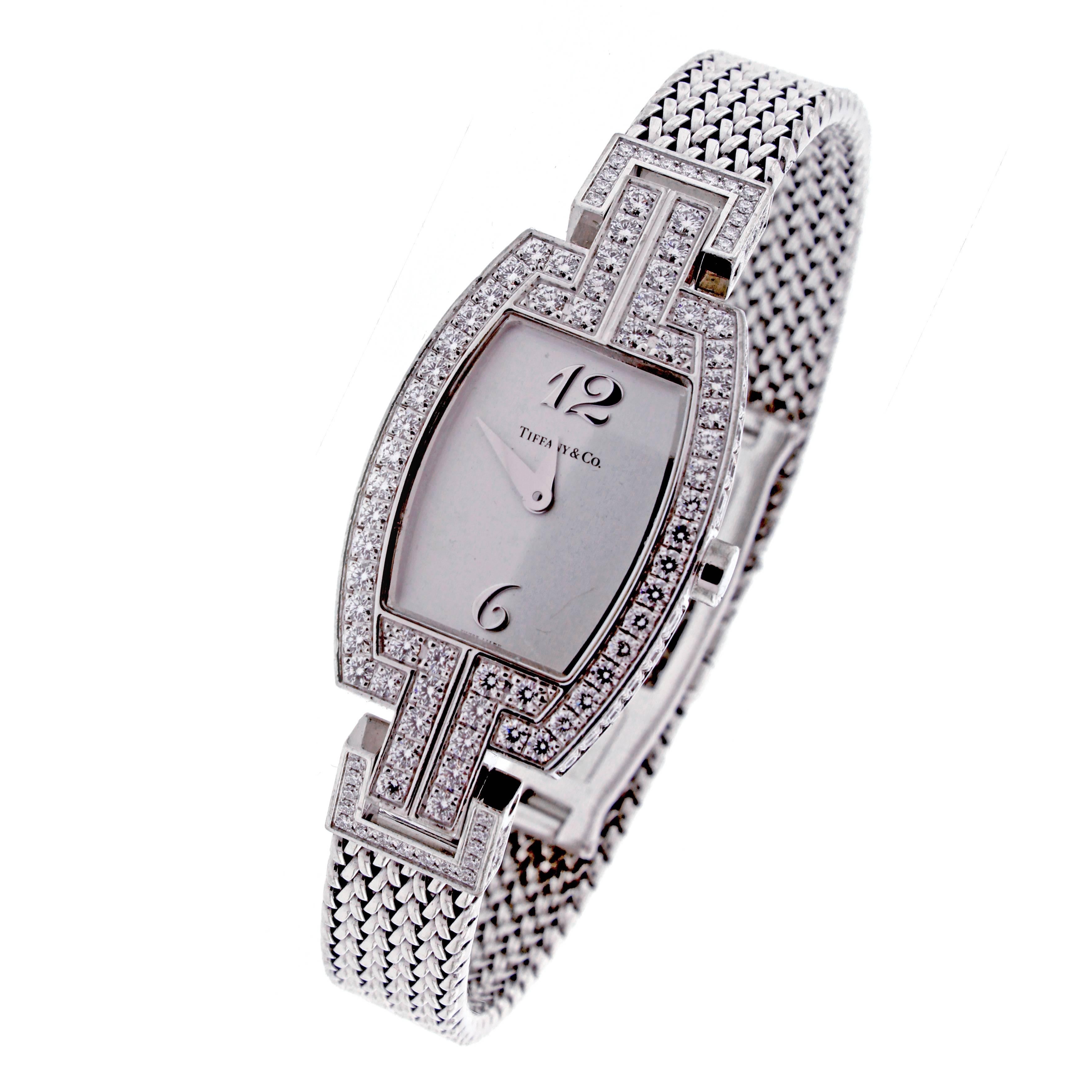 Tiffany & Co. ladies White Gold Diamonds Tonneau quartz Wristwatch