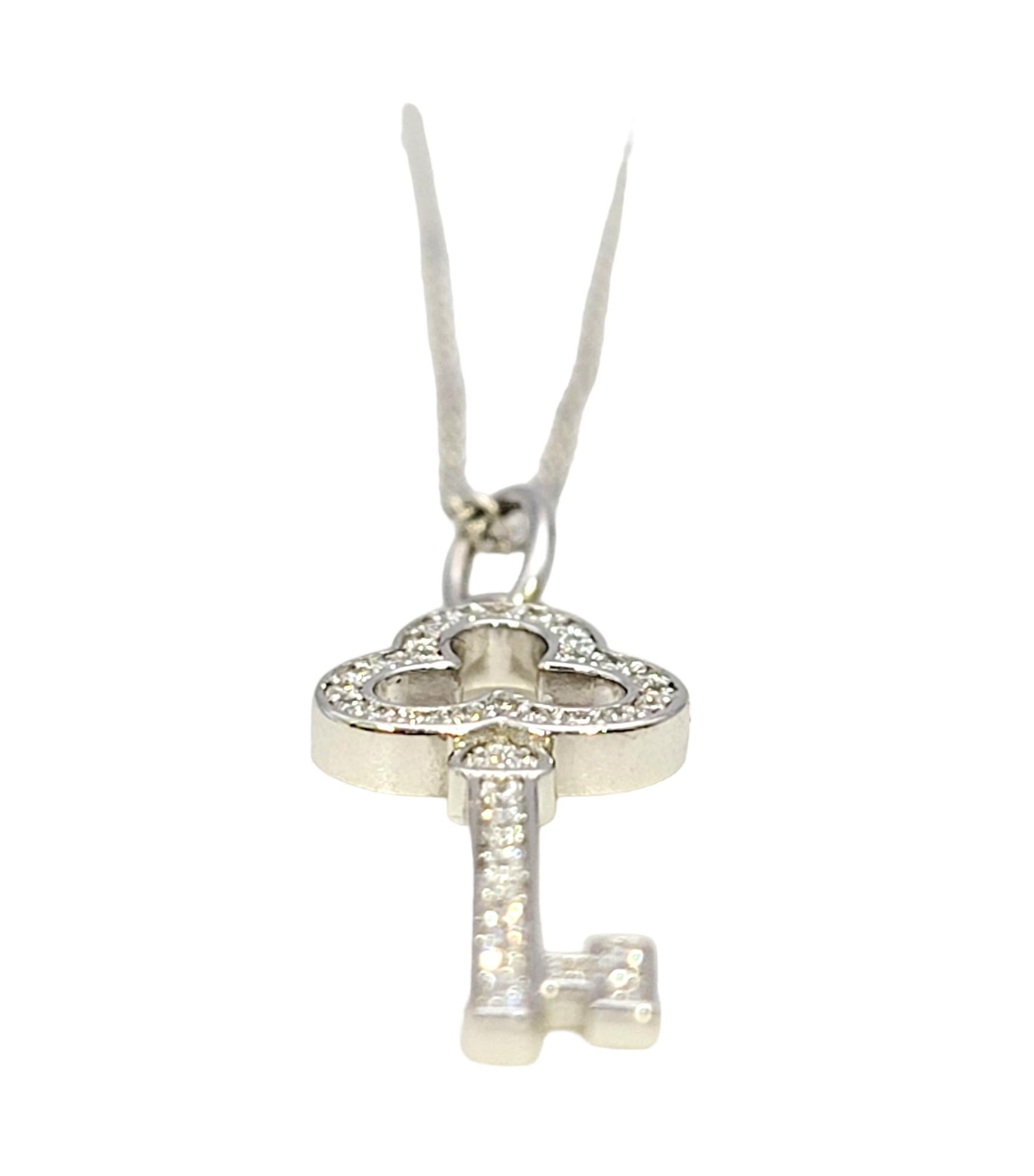Round Cut Tiffany & Co. Trefoil Key Pendant Necklace with Diamonds in 18 Karat White Gold For Sale