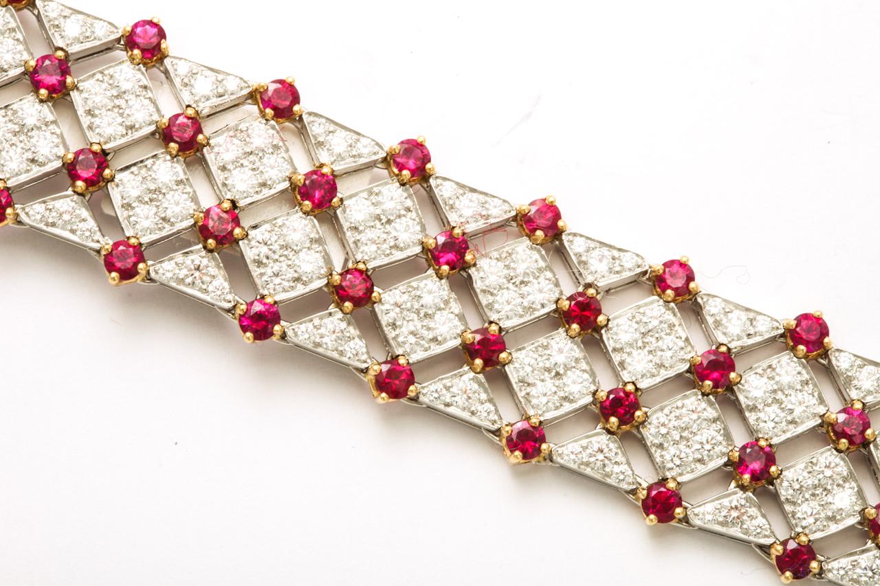 Women's Tiffany & Co Trellis 18K Gold 9 Ruby Diamond 1980s Bangle Bracelet For Sale