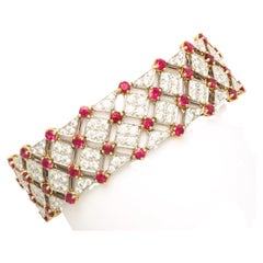 Retro Tiffany & Co Trellis 18K Gold 9 Ruby Diamond 1980s Bangle Bracelet