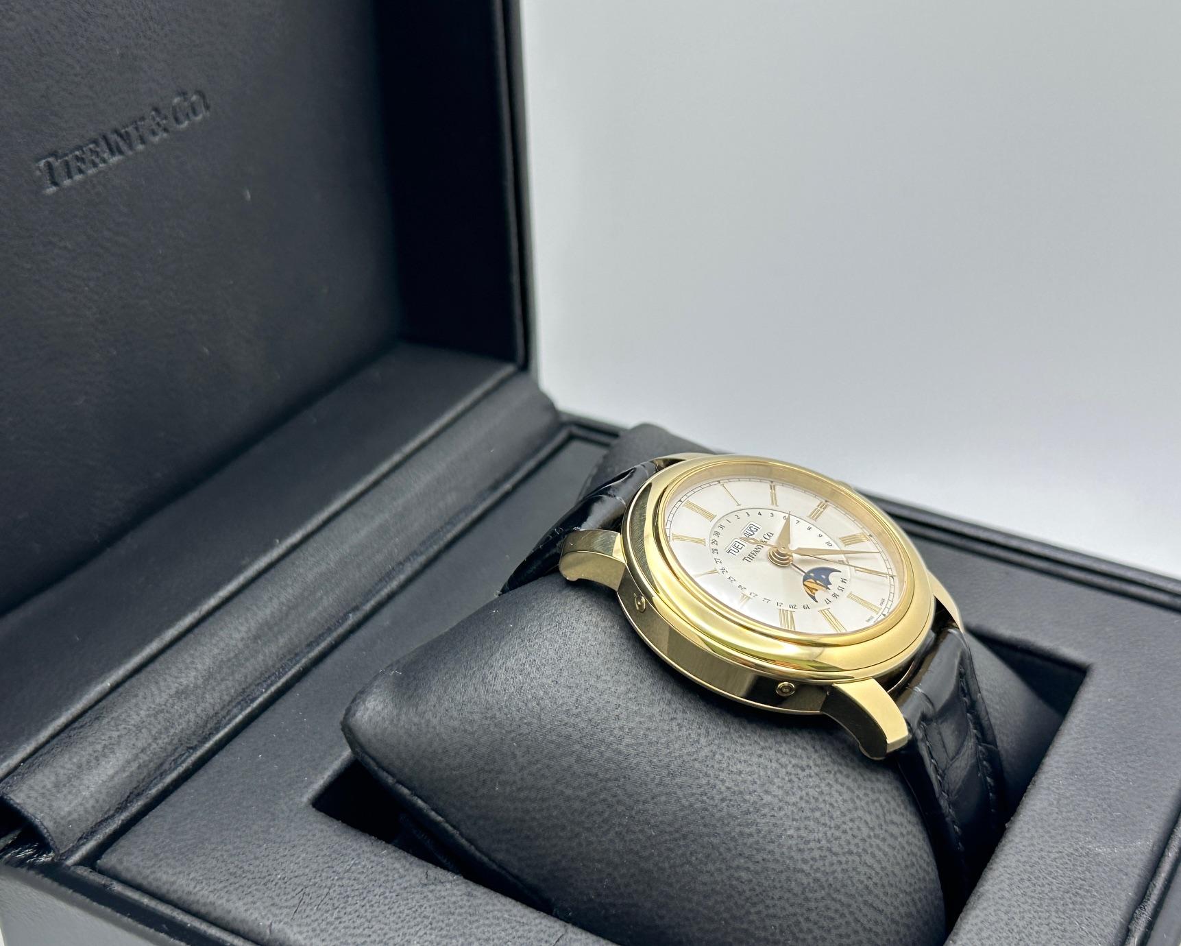 Men's Tiffany & Co. Triple Calendar Moon Phase Watch 17042084 39mm 18k Gold Box Paper For Sale