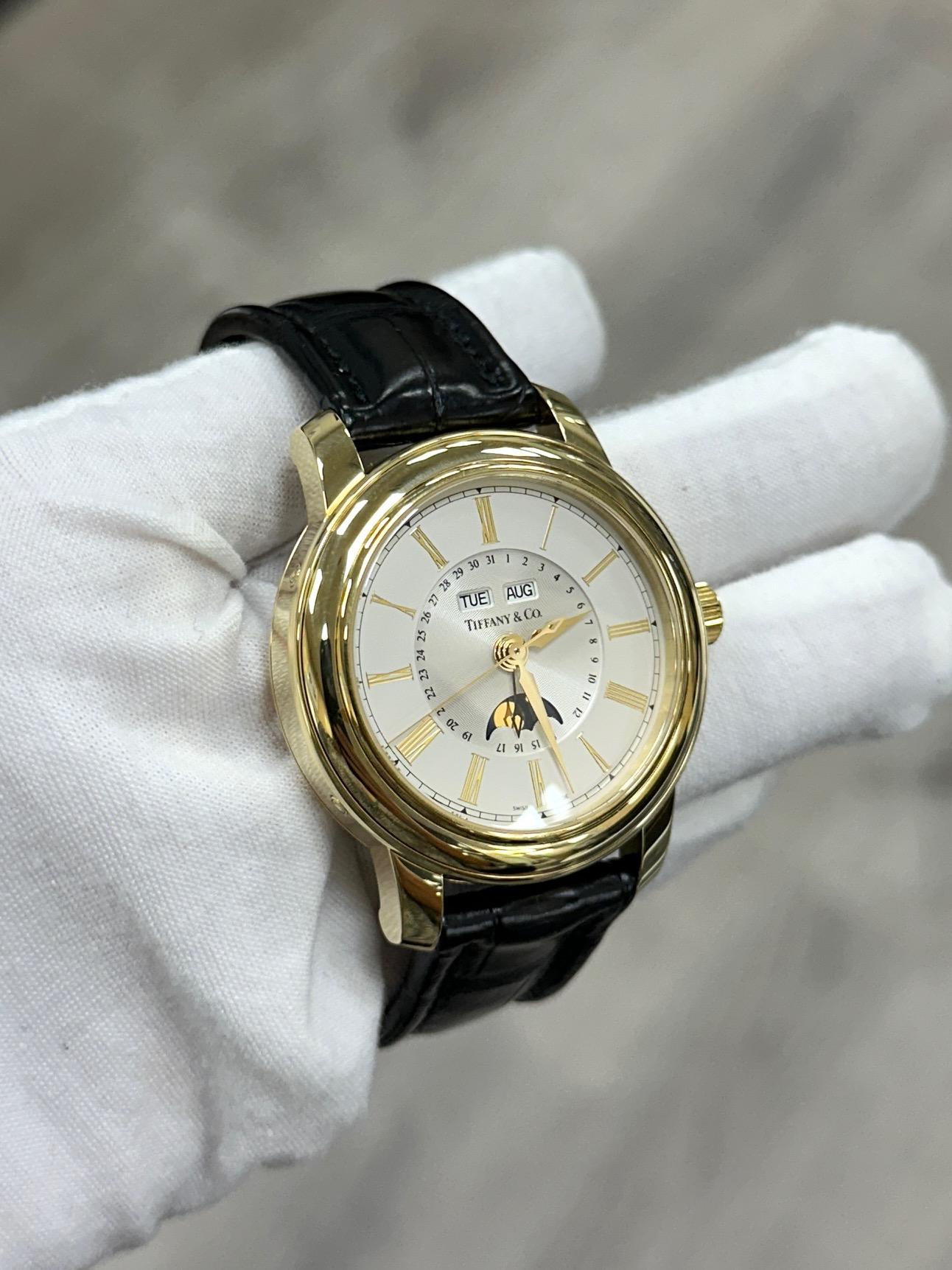 Tiffany & Co. Triple Calendar Moon Phase Watch 17042084 39mm 18k Gold Box Paper For Sale 3