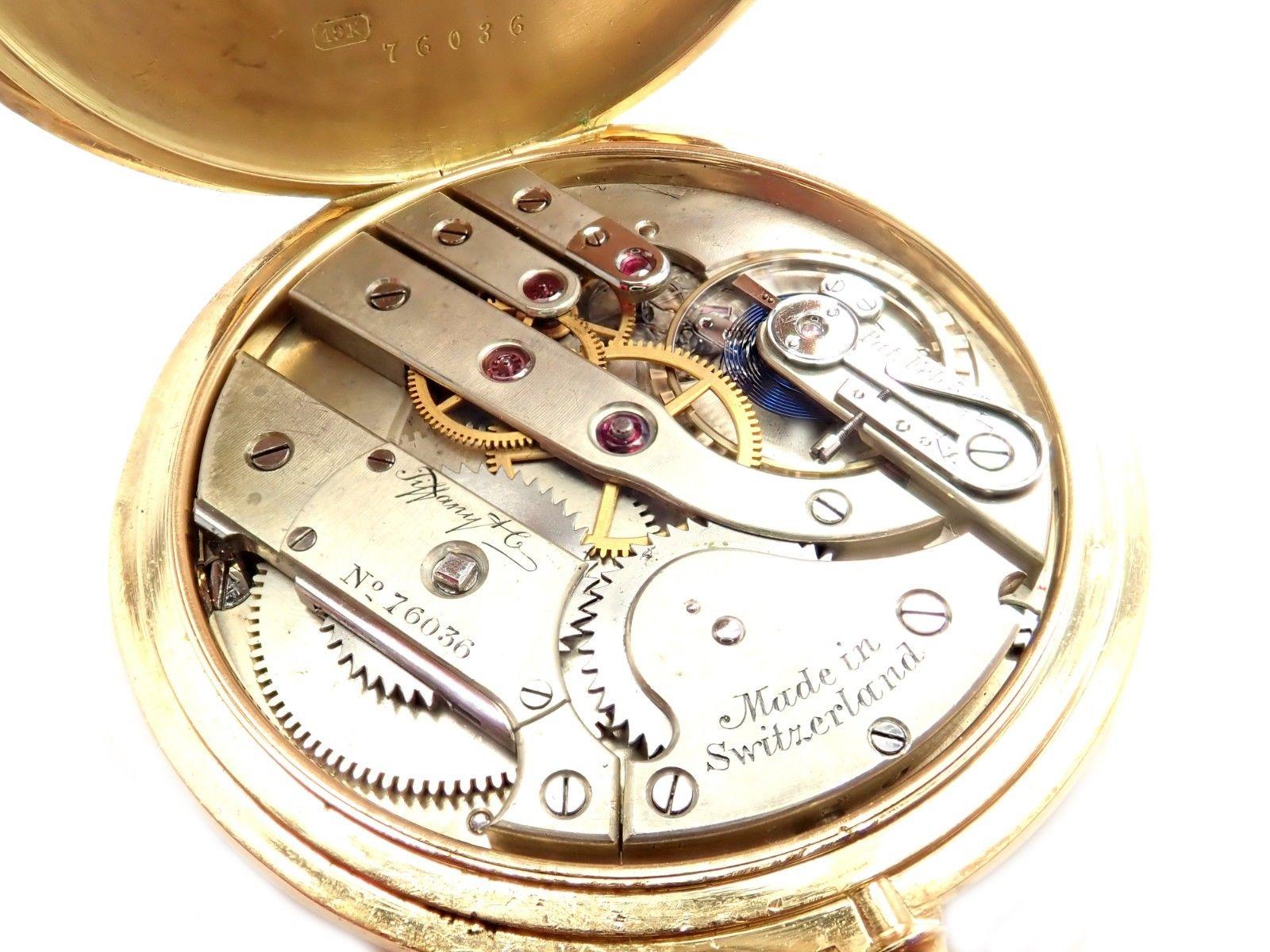 18k Yellow Gold 49mm Triple Signed Pocket Watch by Tiffany & Co. 
Works great, fully functional, triple singed.
Details: 
Case Size: 49mm
Weight: 80.1 grams
Movement: Mechanical Hand Winding
Stamped Hallmarks: Tiffany & Co 18k 76036
*Free Shipping