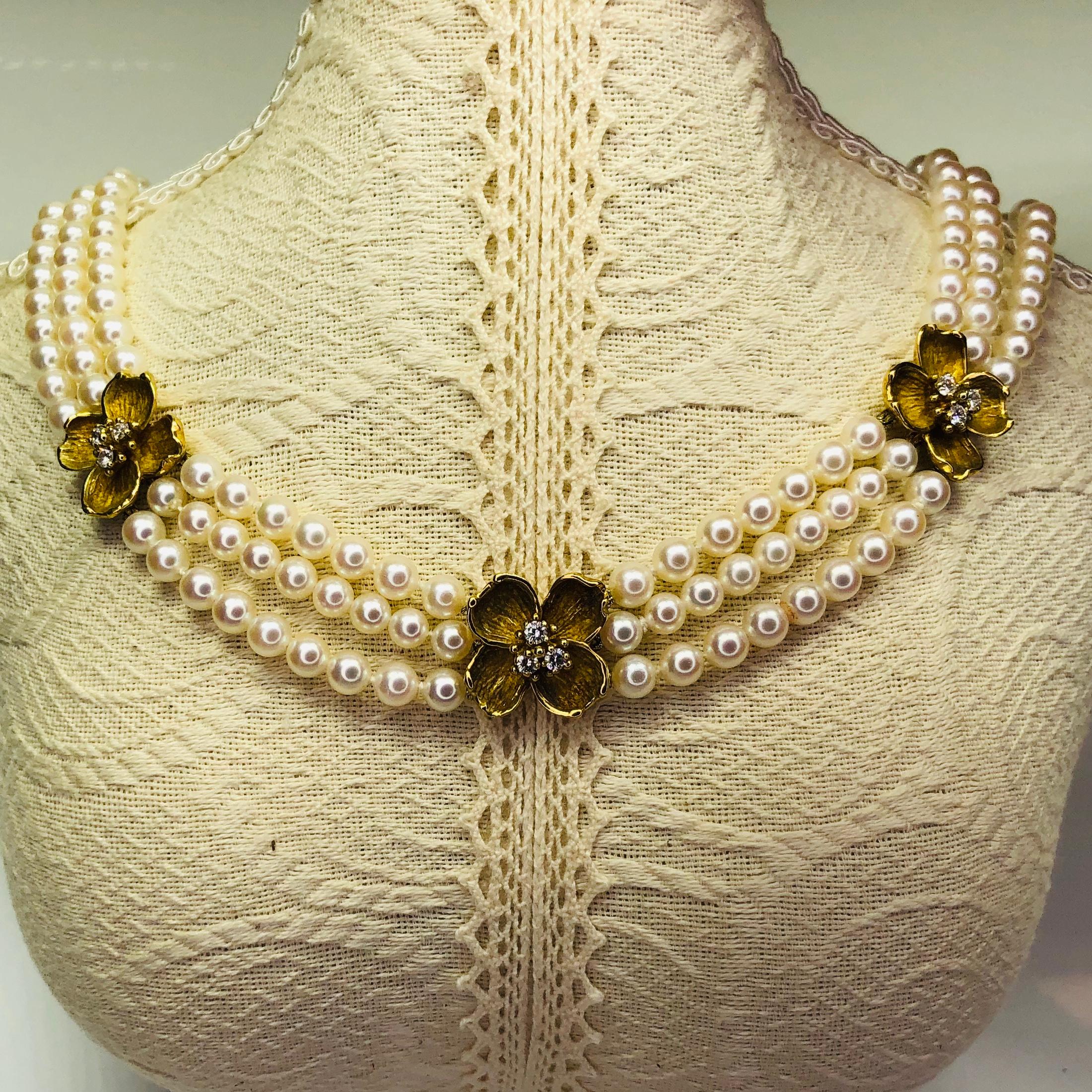 Contemporary Tiffany & Co. Triple-Strand Pearl and Diamond Gold Necklace Fine Estate Jewelry