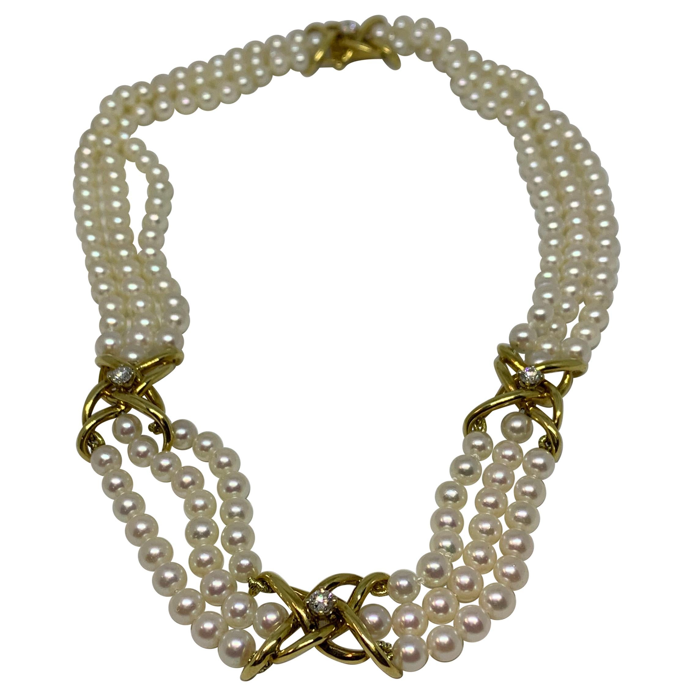 Tiffany & Co. Triple Strand Pearl and Diamond Necklace For Sale