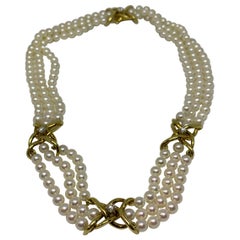 Vintage Tiffany & Co. Triple Strand Pearl and Diamond Necklace
