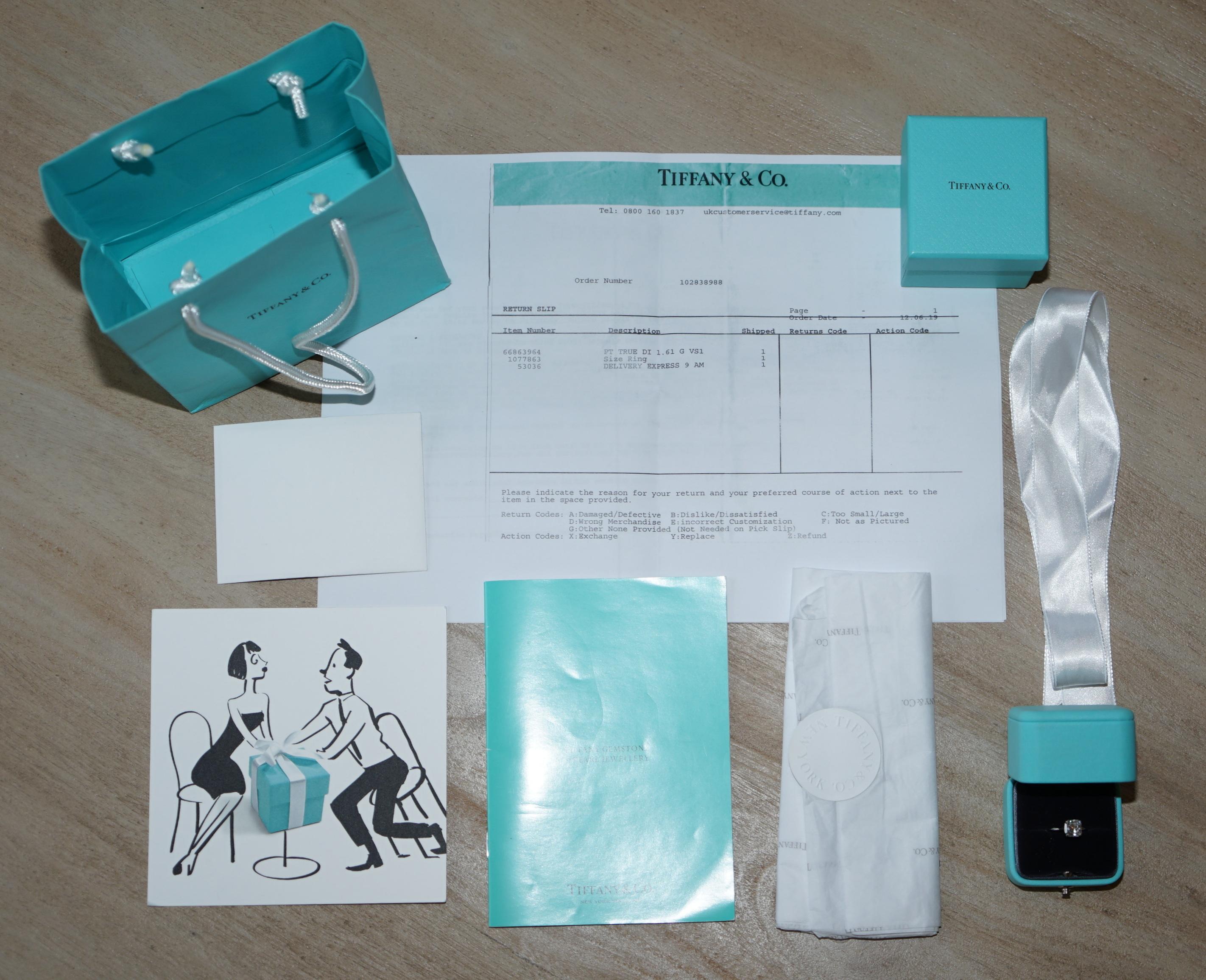 Mixed Cut Tiffany & Co True Platinum & 1.61ct Diamond Engagement Ring Box & Papers