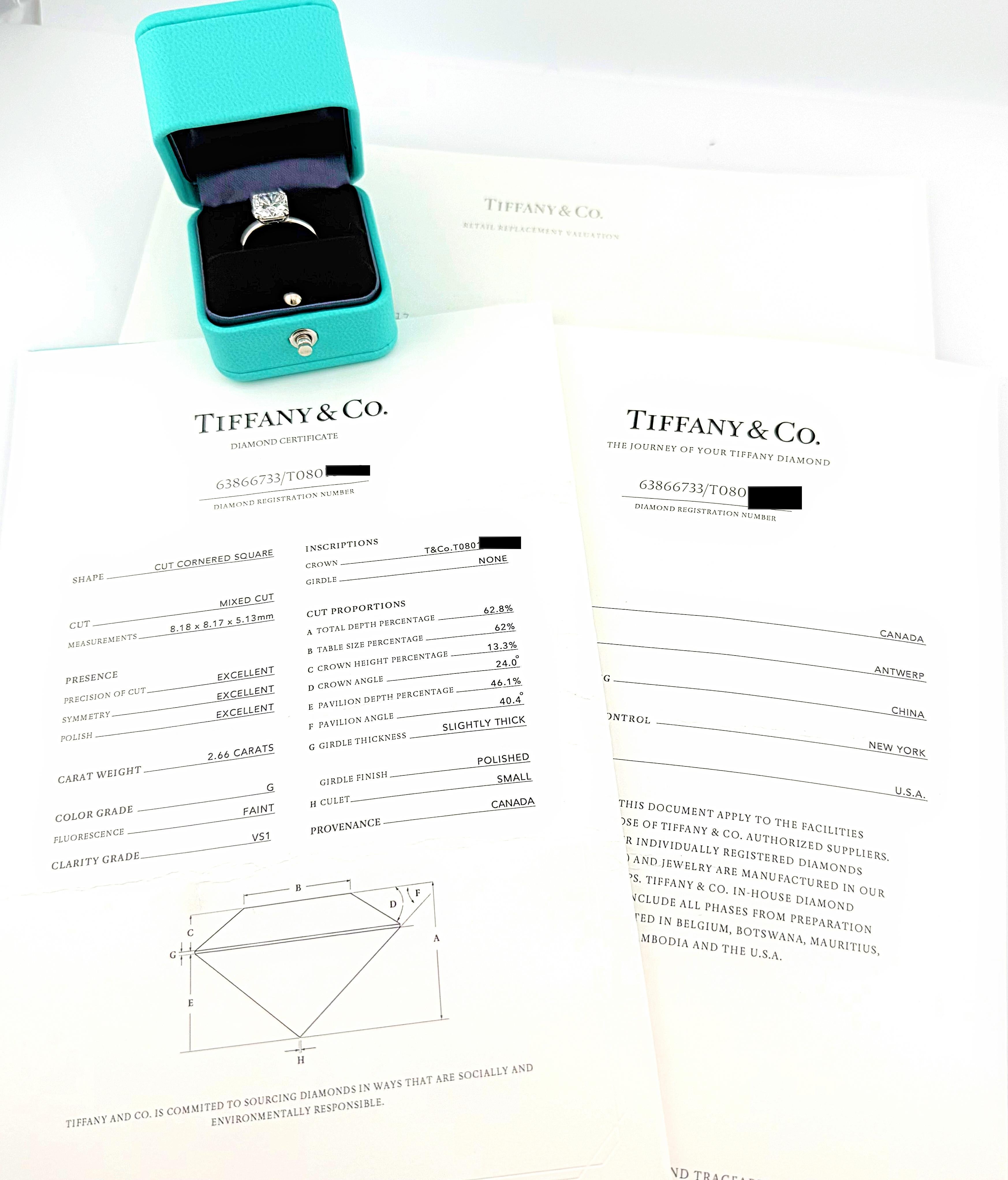 Tiffany & Co.


Style: True Solitaire Engagement Ring

Serial Number: 63866733 / T0801****

Metal: Platinum PT950

Size: 6 - sizable

Total Carat Weight: 2.66 cts

Diamond Shape: Cut Corner Square Mixed Cut

* Minor Abrasions on outer edges of