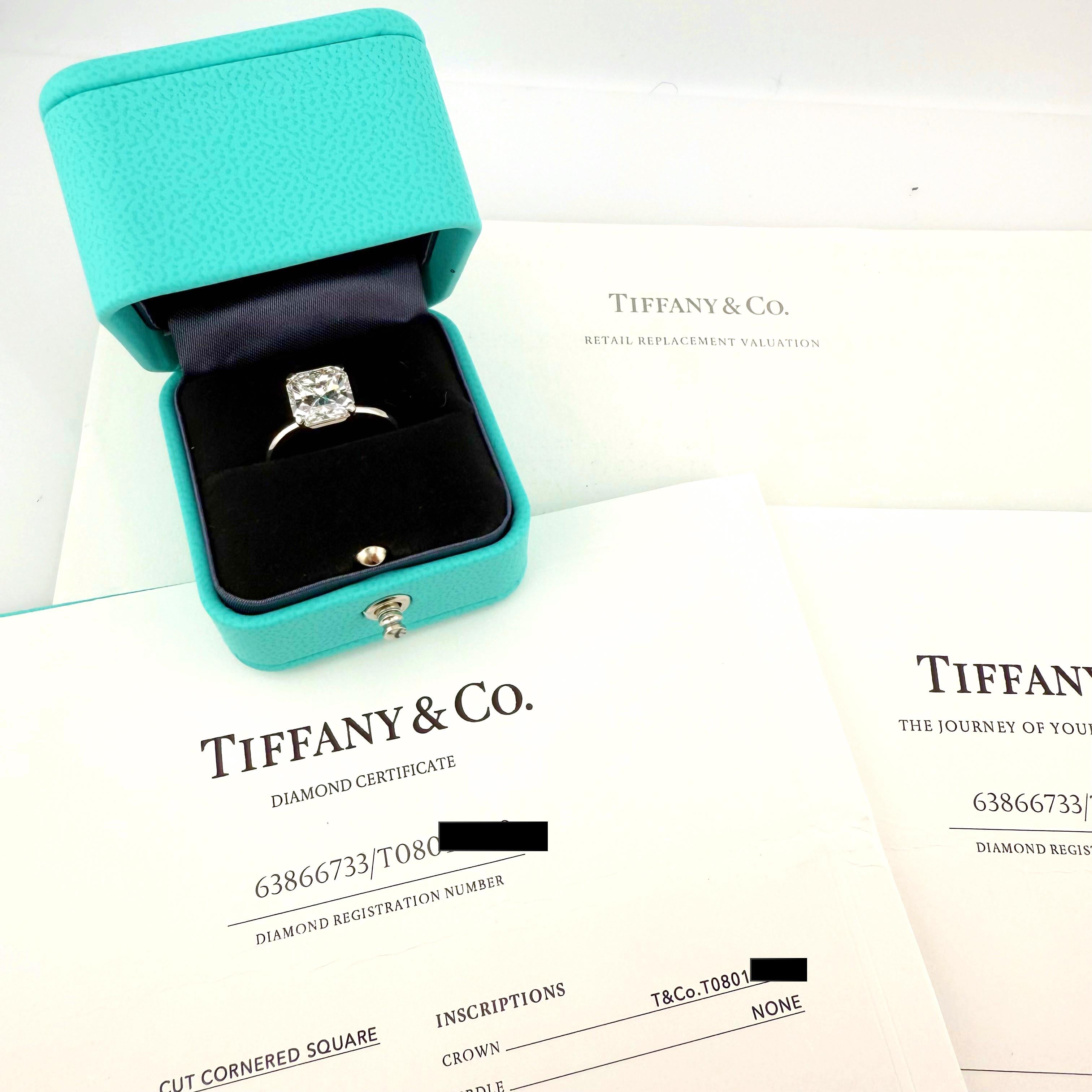 Radiant Cut Tiffany & Co TRUE Platinum Diamond Engagement Ring  2.66 CTS G VS1 Retail $79.5K For Sale