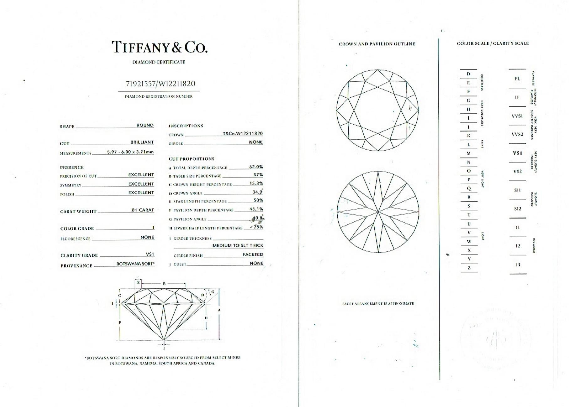Tiffany & Co. TRUE Runder Diamant 0,81 Karat I VS1 Solitär Verlobungsring PLAT 1