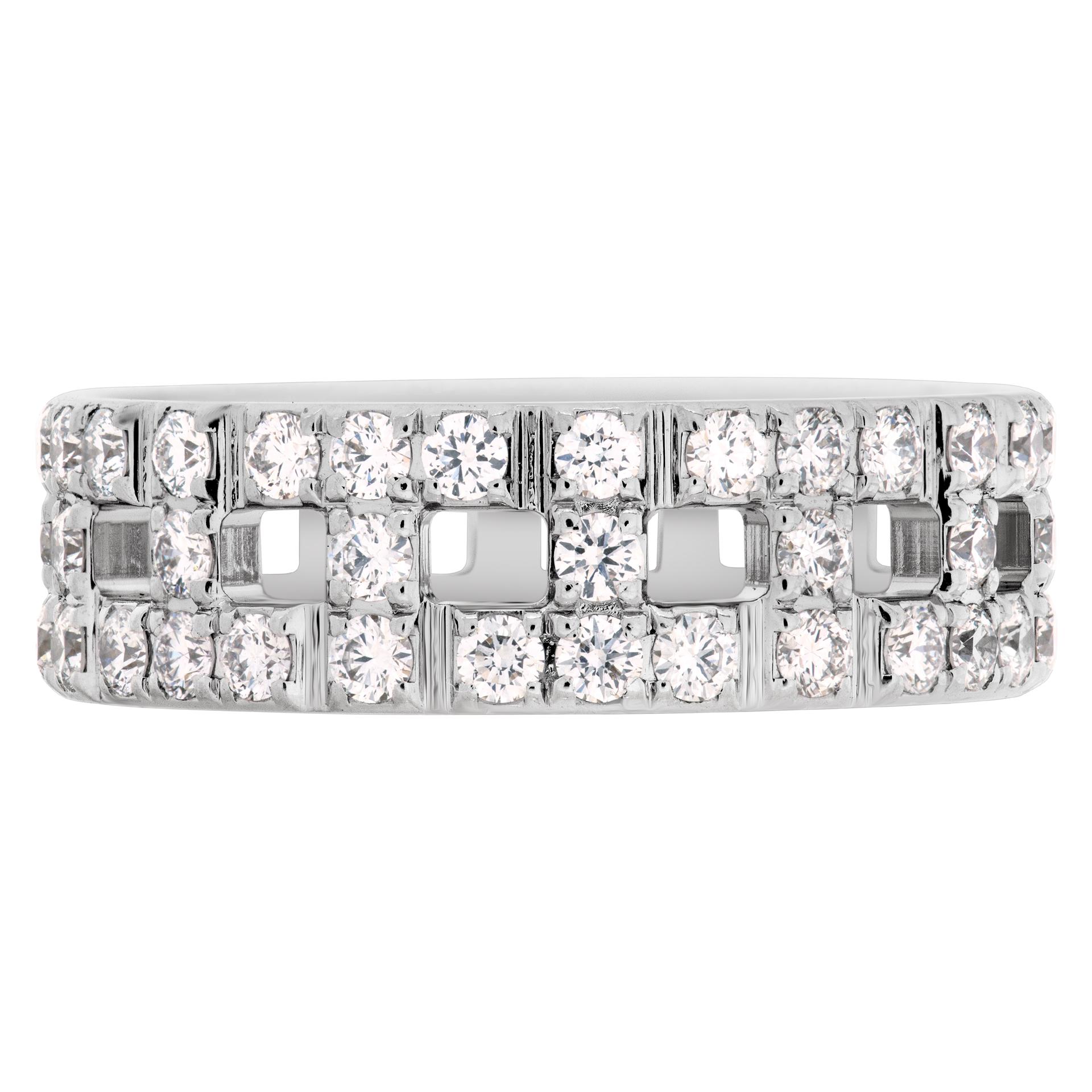 Tiffany & Co. True T wide ring; alternating links of letter T traced in striking pavé diamonds with 0.86 carat full cut round brilliant diamonds, set in 18k white gold. 025 inches wide- Size 5  This Tiffany & Co. ring is currently size 5 and some