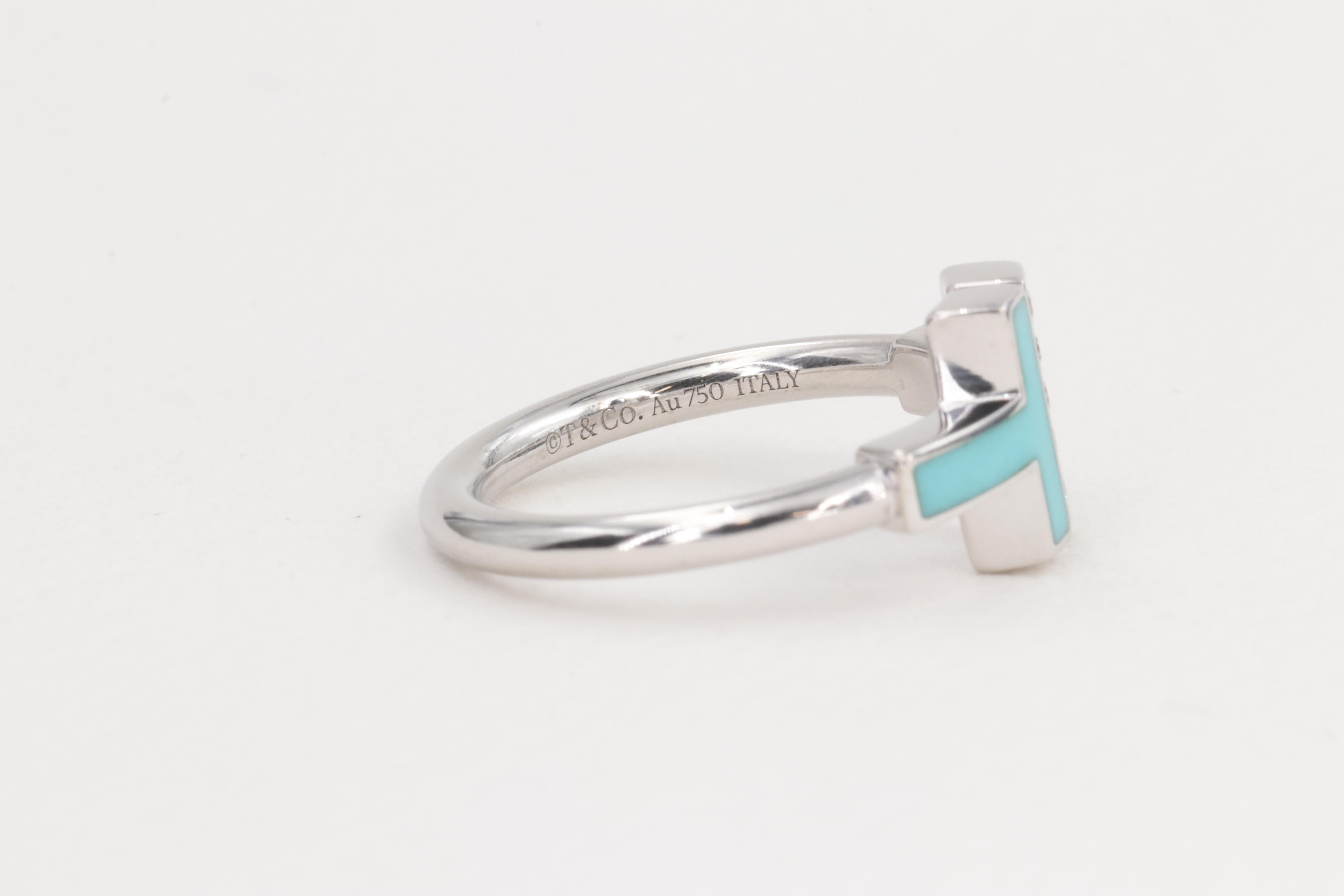 Tiffany & Co. Turquoise and Diamond T Wire Ring in 18 Karat White Gold In Good Condition For Sale In Tampa, FL