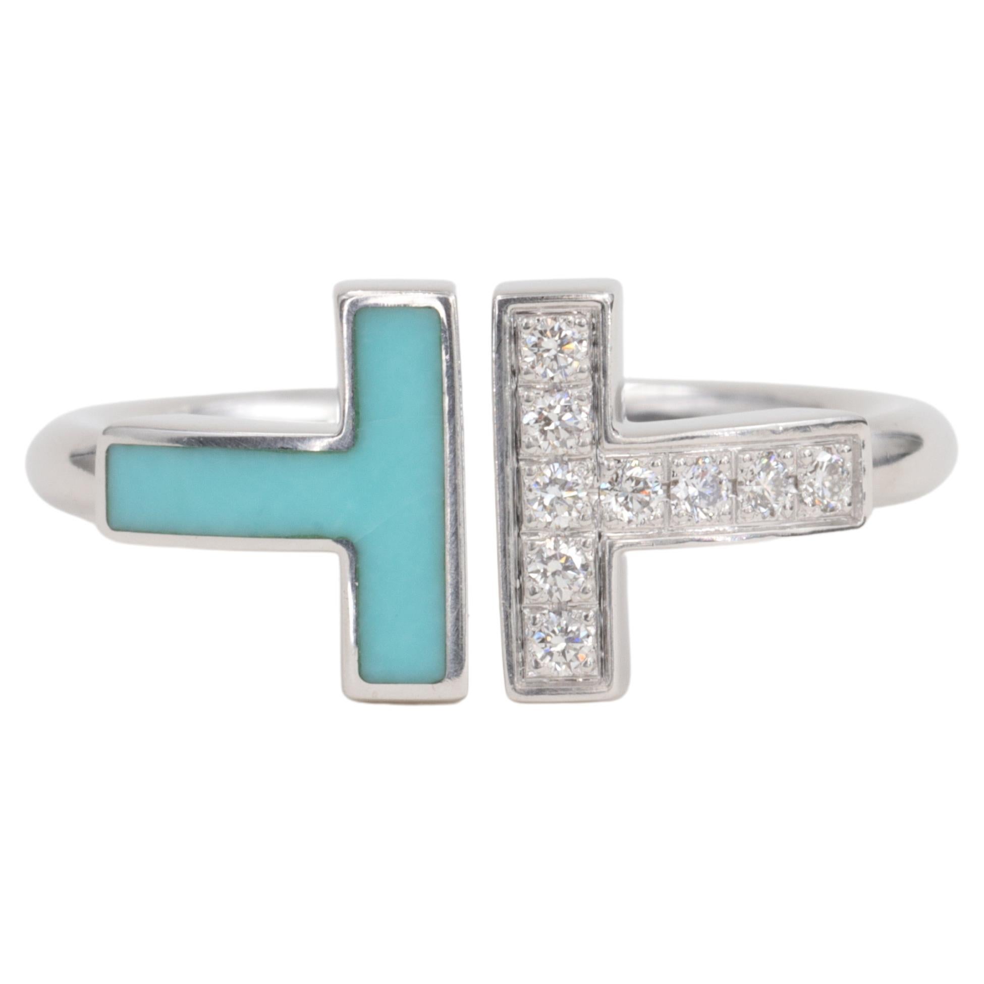 Tiffany & Co. Bague T en or blanc 18 carats avec turquoise et diamants en vente