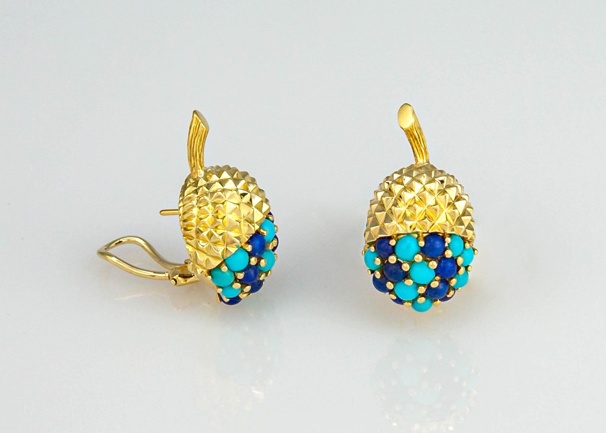 A fabulous example of vintage Tiffany & Co. designs. This acorn motif design has great detailed gold work and a chic color combination of turquoise and lapis. They make me smile!!! 7/8's of an inch for the acorn plus a bit more for the stem. 