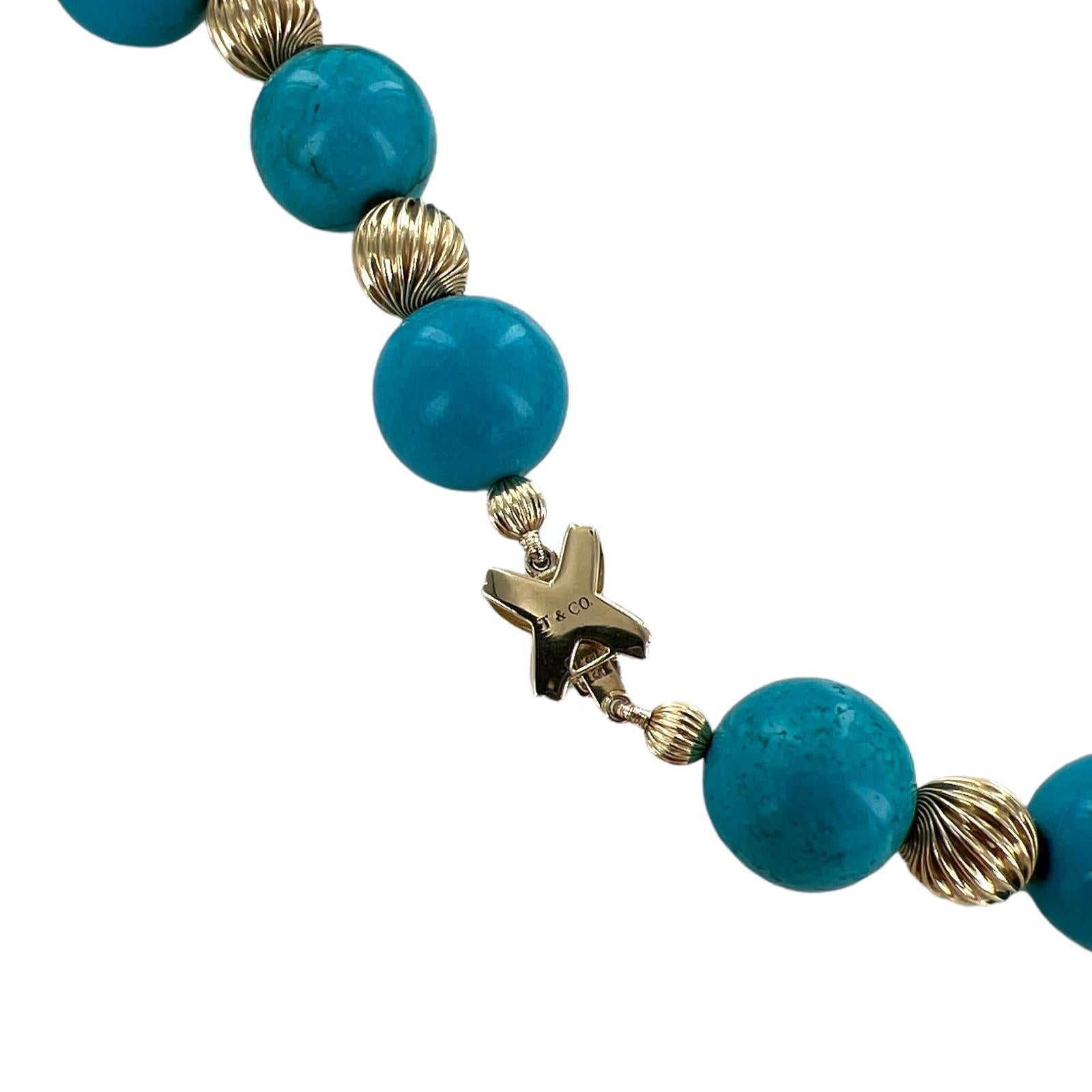 Modern Tiffany & Co. Turquoise Bead 14 Karat Yellow Gold x Clasp Estate Necklace