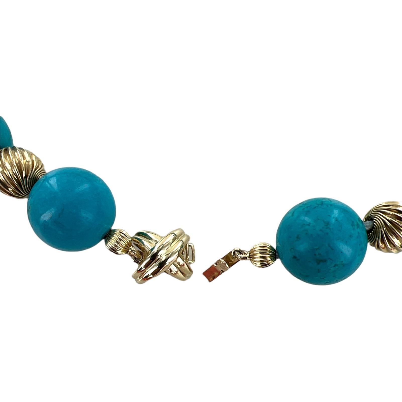 Tiffany & Co. Turquoise Bead 14 Karat Yellow Gold x Clasp Estate Necklace In Excellent Condition In Boca Raton, FL