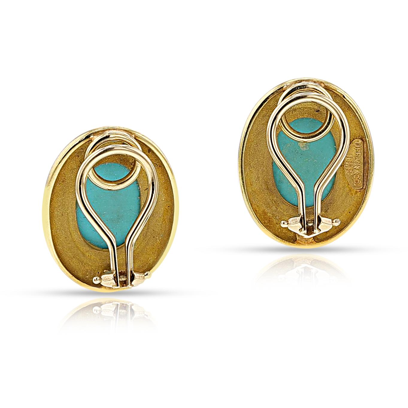 Tiffany & Co. Turquoise Cabochon and Gold Earrings, 18K In Excellent Condition For Sale In New York, NY