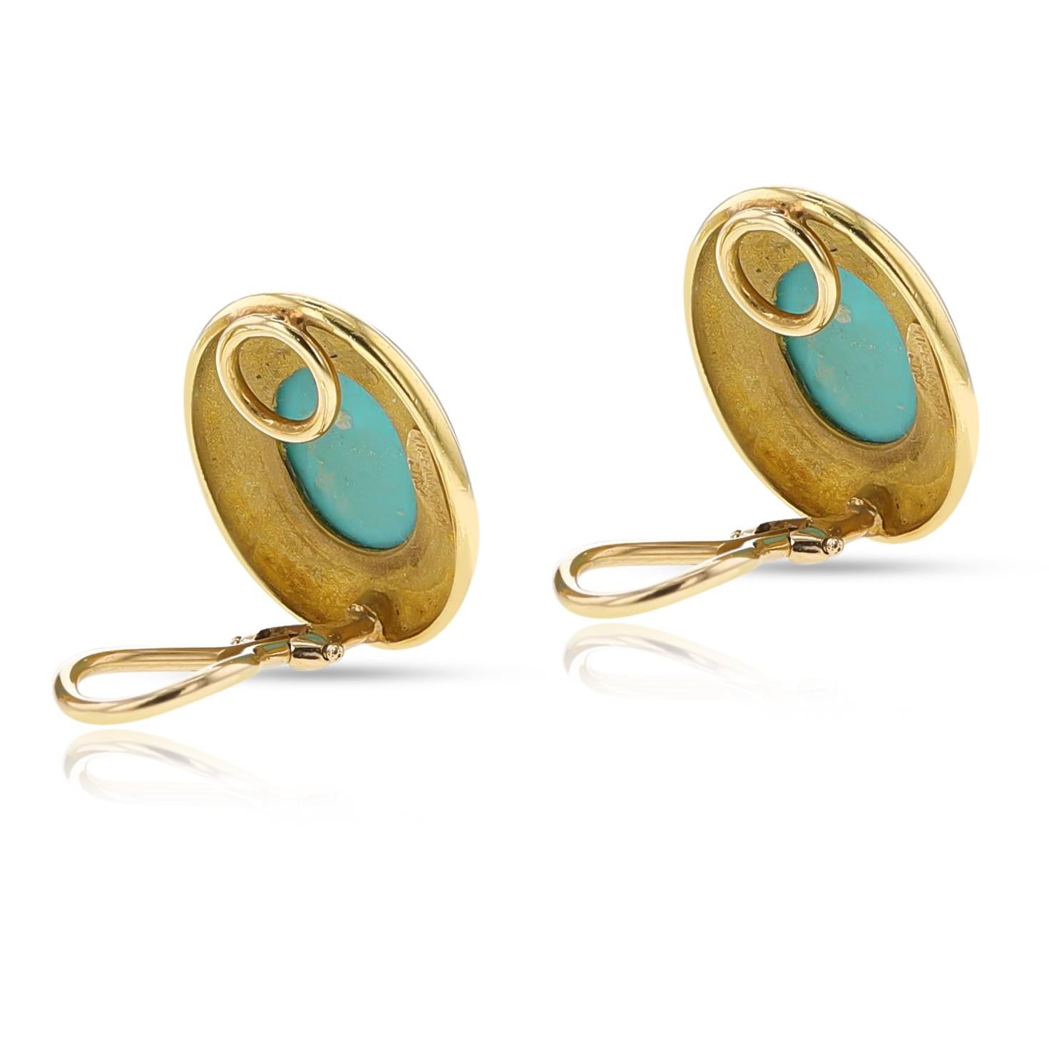 Women's or Men's Tiffany & Co. Turquoise Cabochon and Gold Earrings, 18K For Sale