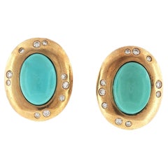 Tiffany & Co. Turquoise Diamond 18 Karat Yellow Gold Vintage Earclip Earrings