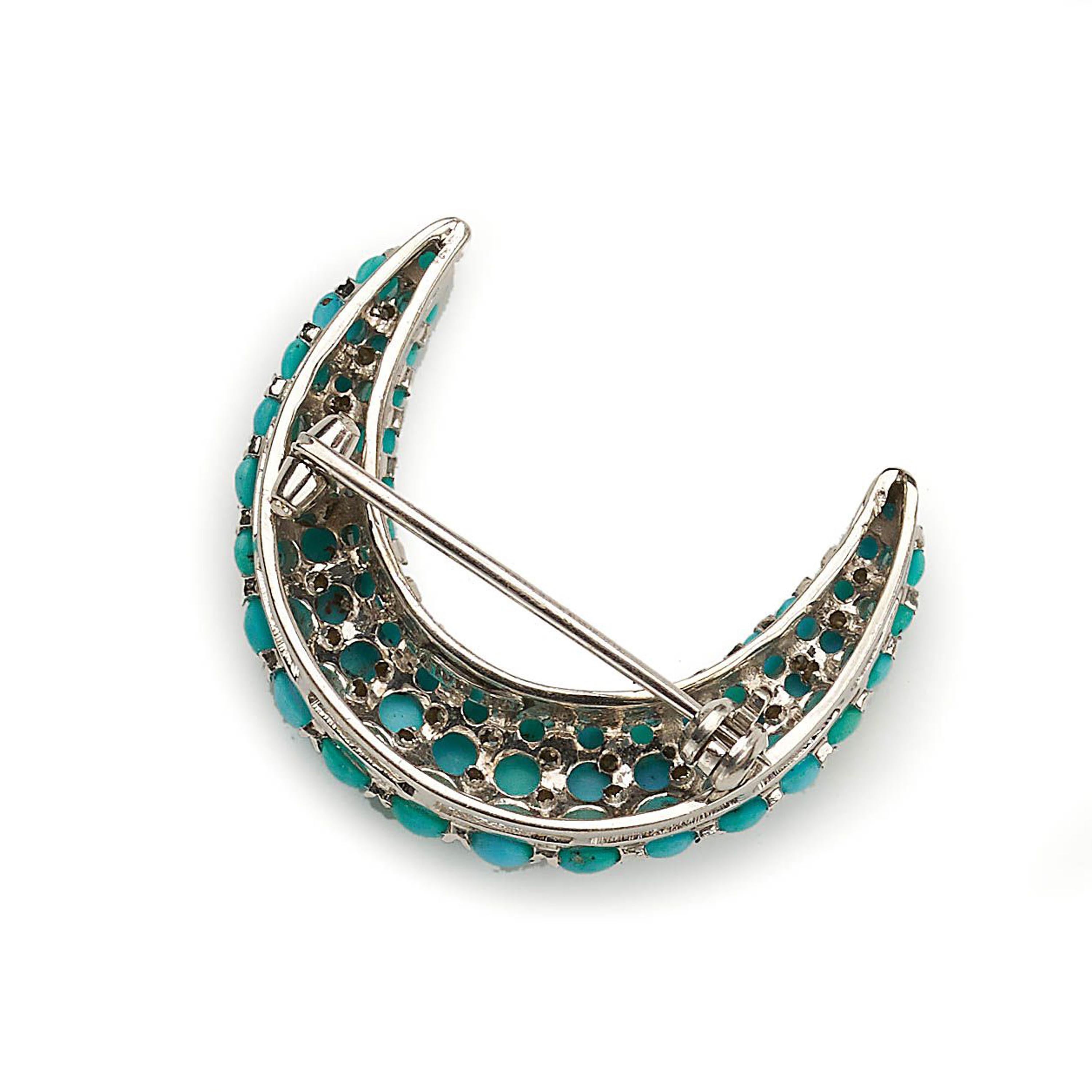 Women's Tiffany & Co. Turquoise Diamond and White Gold Crescent Brooch, circa 1960