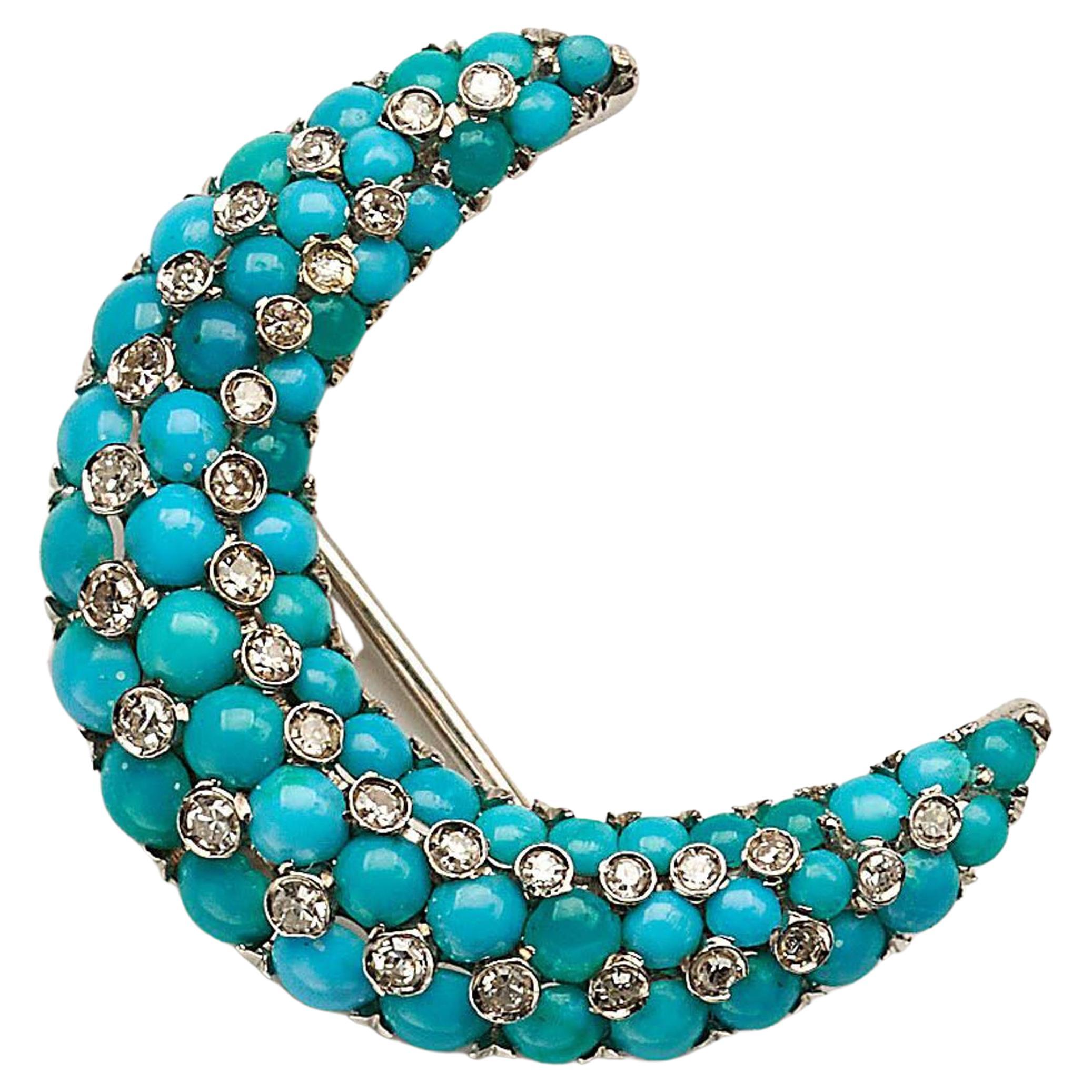 Tiffany & Co. Turquoise Diamond and White Gold Crescent Brooch, circa 1960