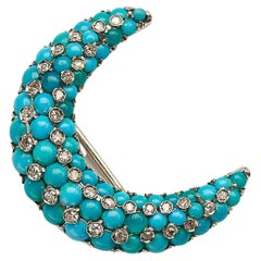 Retro Tiffany & Co. Turquoise Diamond and White Gold Crescent Brooch, circa 1960