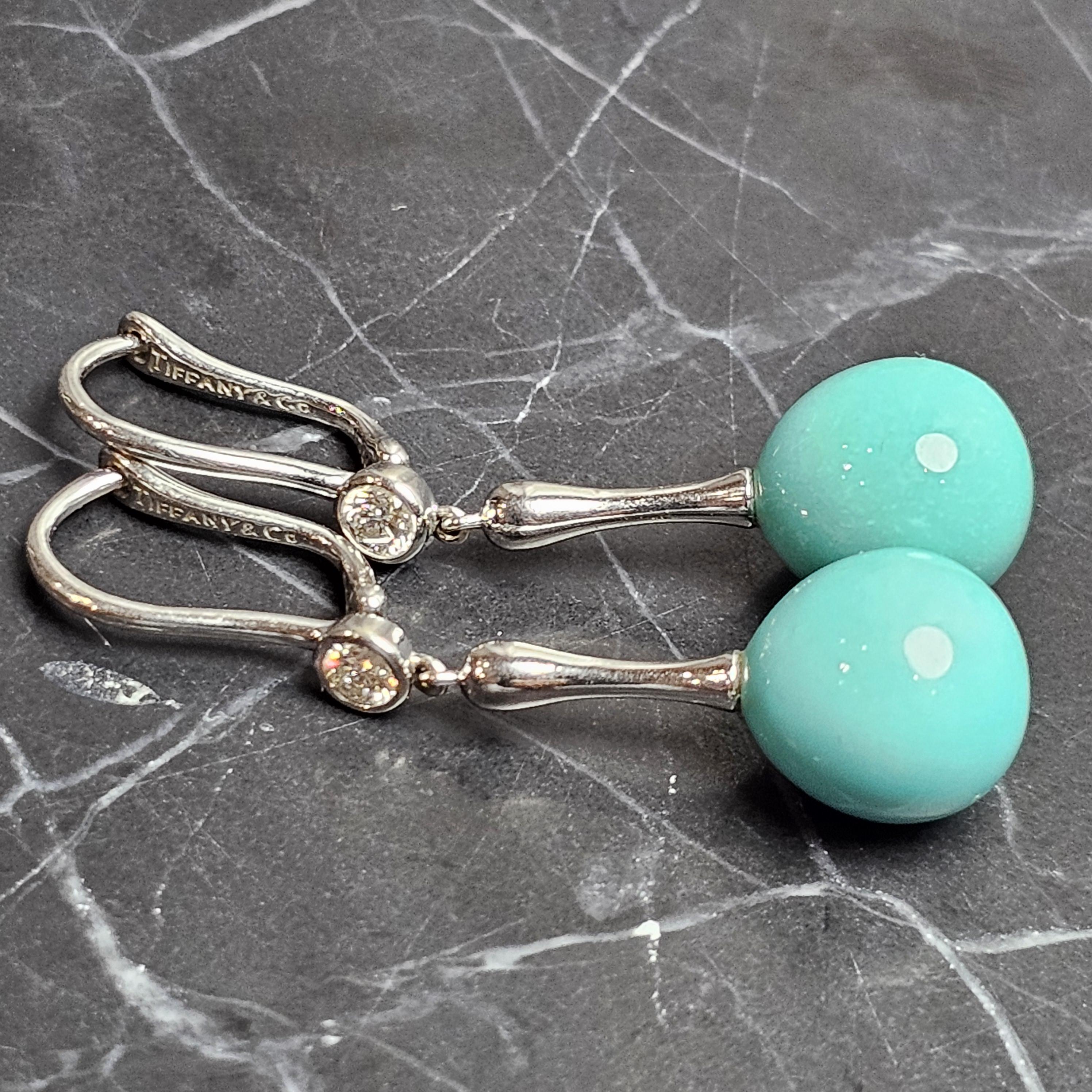 Tiffany & Co. Turquoise Diamond Earrings Dangle Drop 18k White Gold Elsa Peretti In Good Condition In Northbrook, IL
