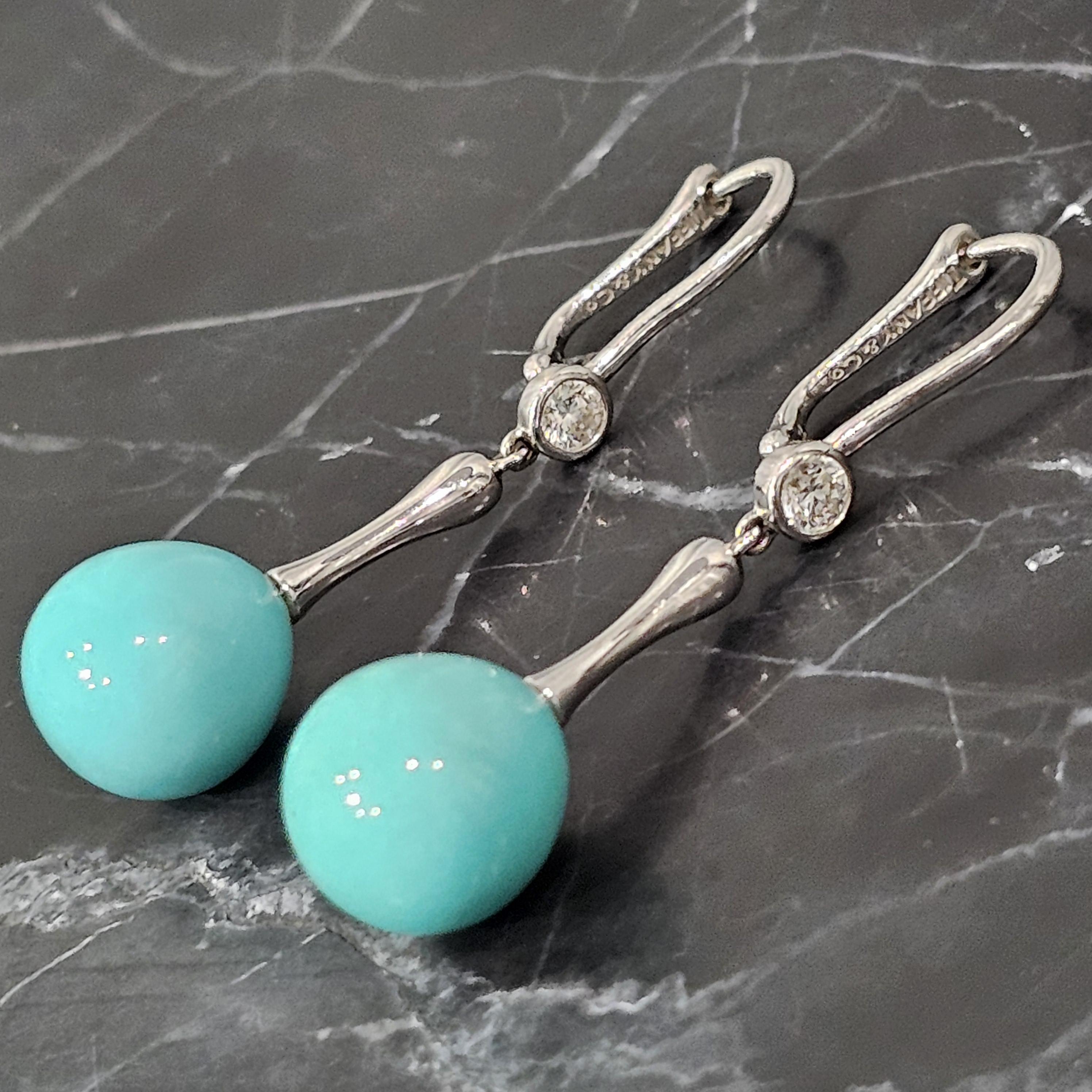 Tiffany & Co. Turquoise Diamond Earrings Dangle Drop 18k White Gold Elsa Peretti 2