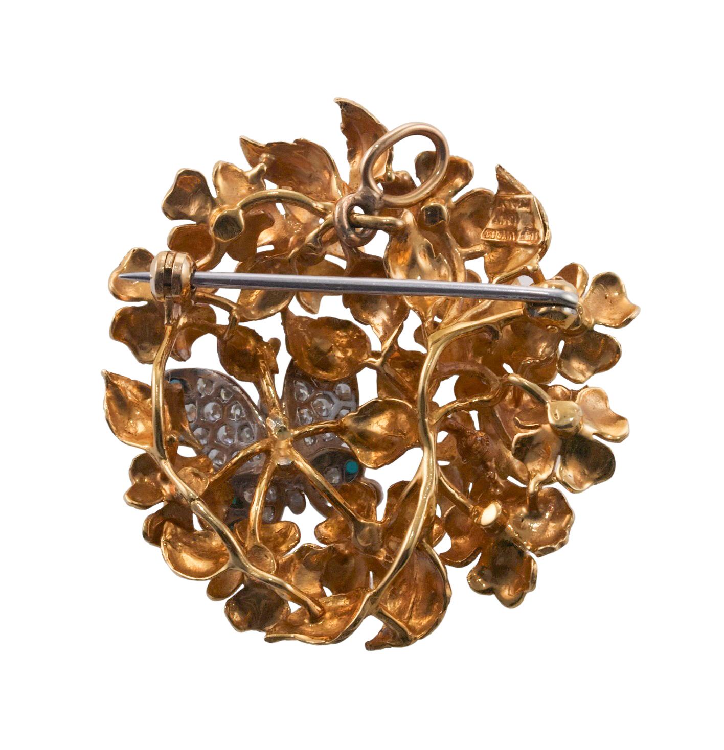 Taille ronde Tiffany & Co Broche papillons et fleurs en or et platine avec turquoise et diamants  en vente