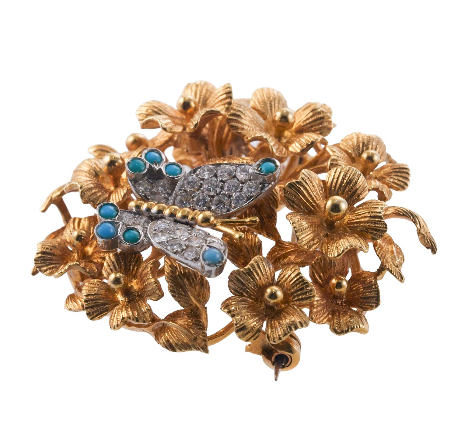 Tiffany & Co Broche papillons et fleurs en or et platine avec turquoise et diamants  Pour femmes en vente