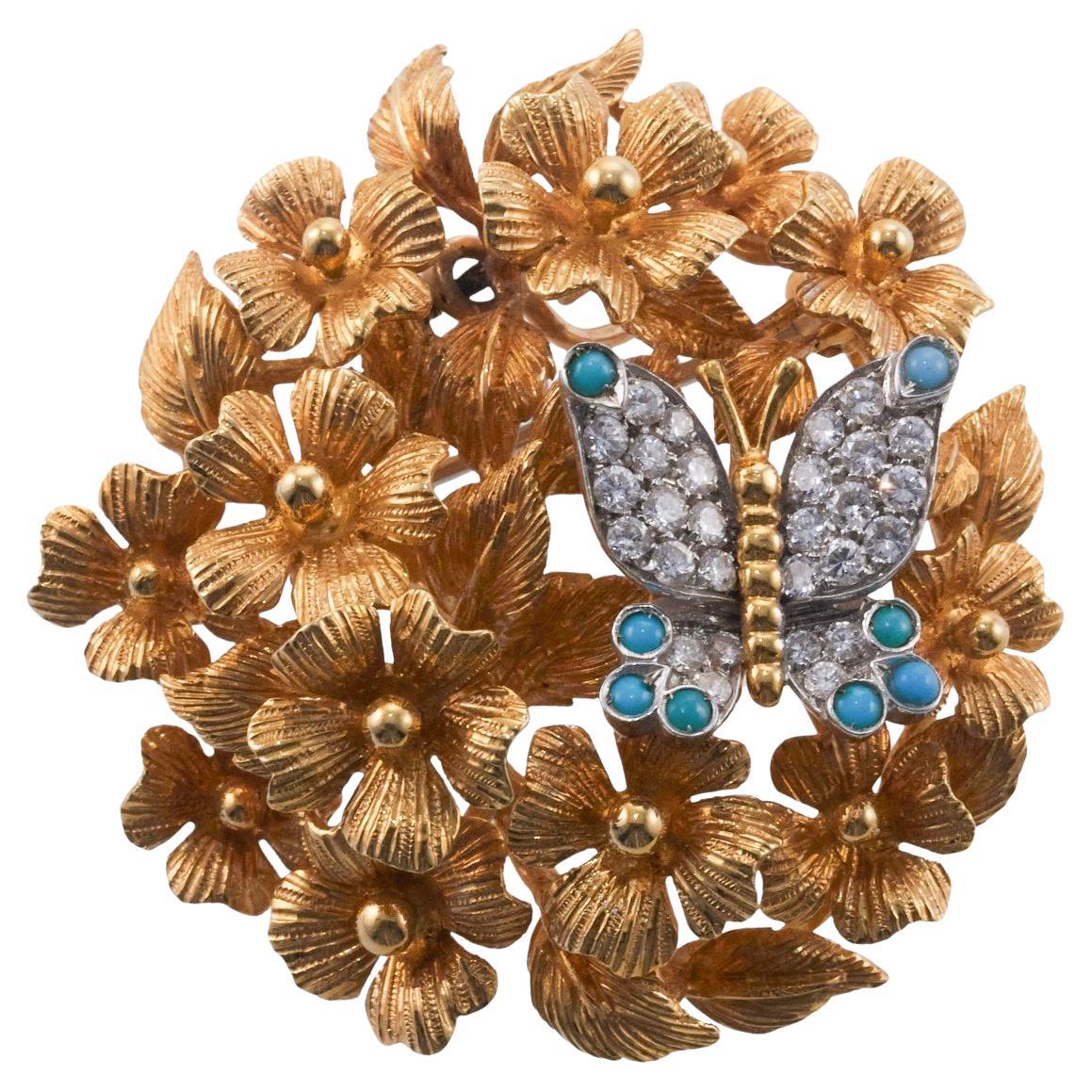 Tiffany & Co Turquoise Diamond Gold Platinum Butterfly and Flowers Brooch  For Sale