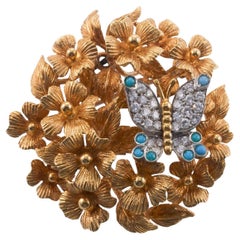 Tiffany & Co Turquoise Diamond Gold Platinum Butterfly and Flowers Brooch 