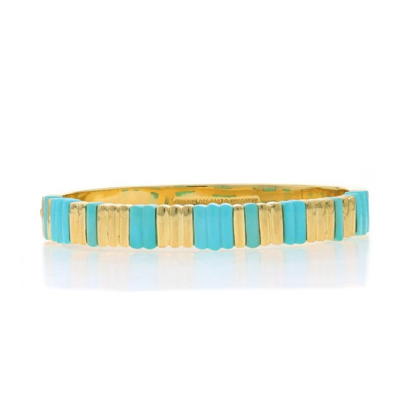 Brand: Tiffany & Co.

Metal Content: 18k Yellow Gold

Stone Information
Natural Turquoise
Treatment: Routinely Enhanced
Cut: Carved
Color: Greenish Blue

Style: Hinged Bangle
Fastening Type: Tab Box Clasp with One Side Safety Clasp
Features: Ribbed