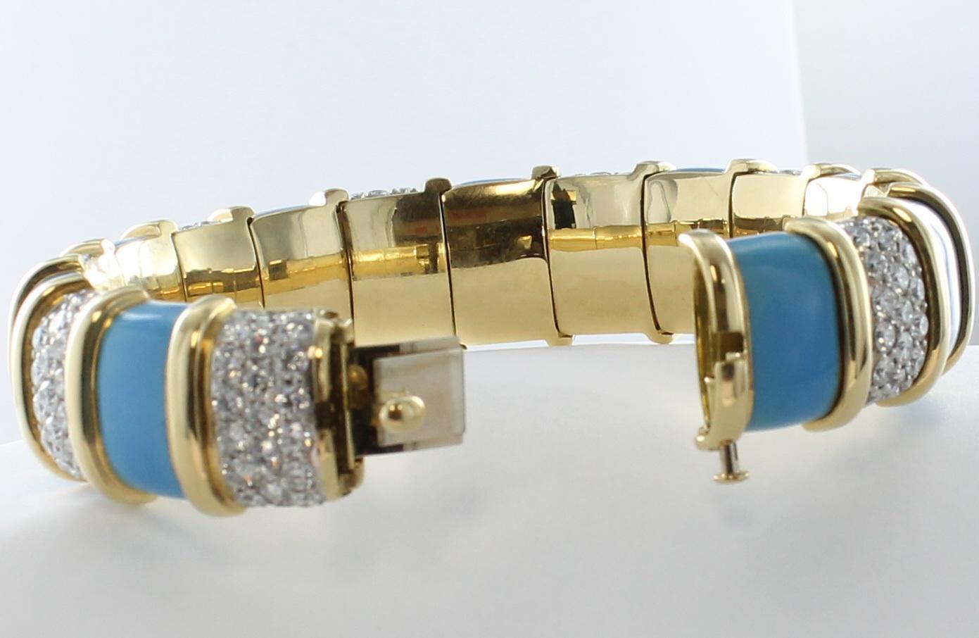 Artisan Tiffany & Co. Turquoise Paillone Enamel and Diamond Schlumberger Bracelet For Sale
