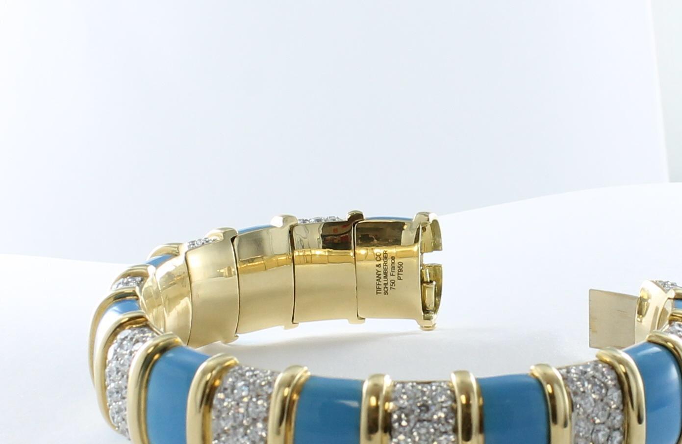 Round Cut Tiffany & Co. Turquoise Paillone Enamel and Diamond Schlumberger Bracelet For Sale