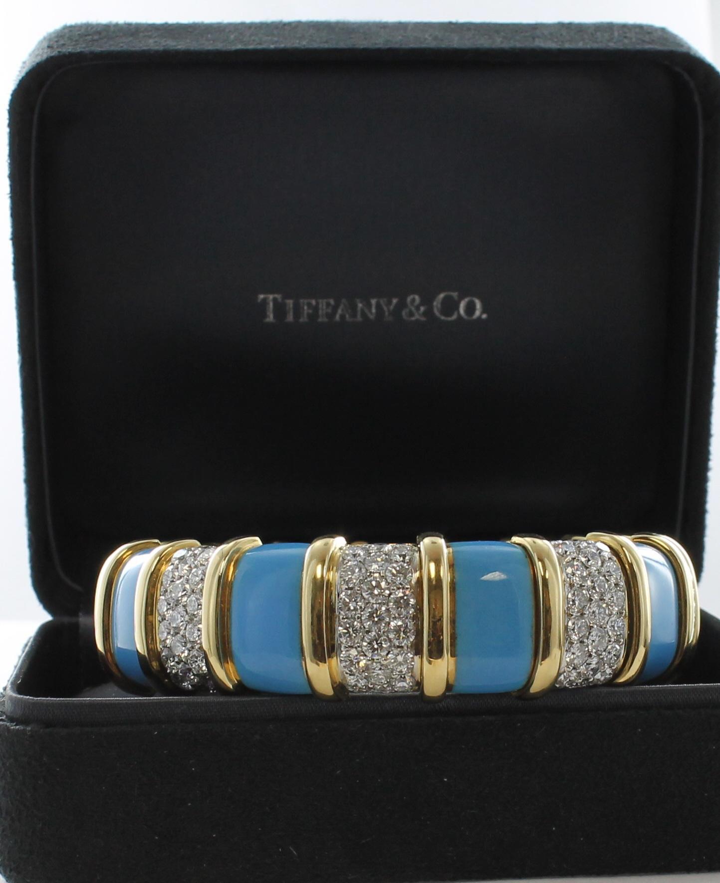 Tiffany & Co. Turquoise Paillone Enamel and Diamond Schlumberger Bracelet In Excellent Condition For Sale In Atlanta, GA
