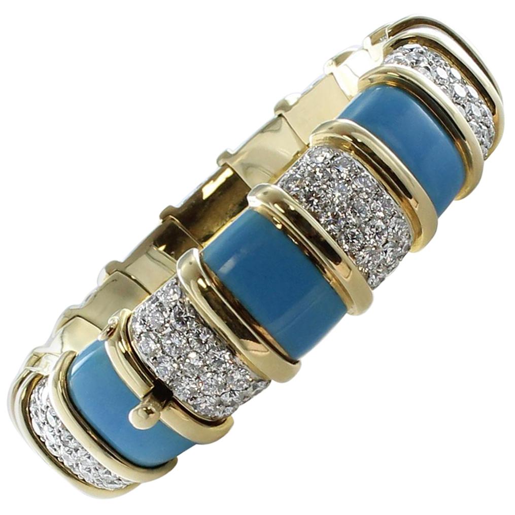 Tiffany & Co. Turquoise Paillone Enamel and Diamond Schlumberger Bracelet For Sale