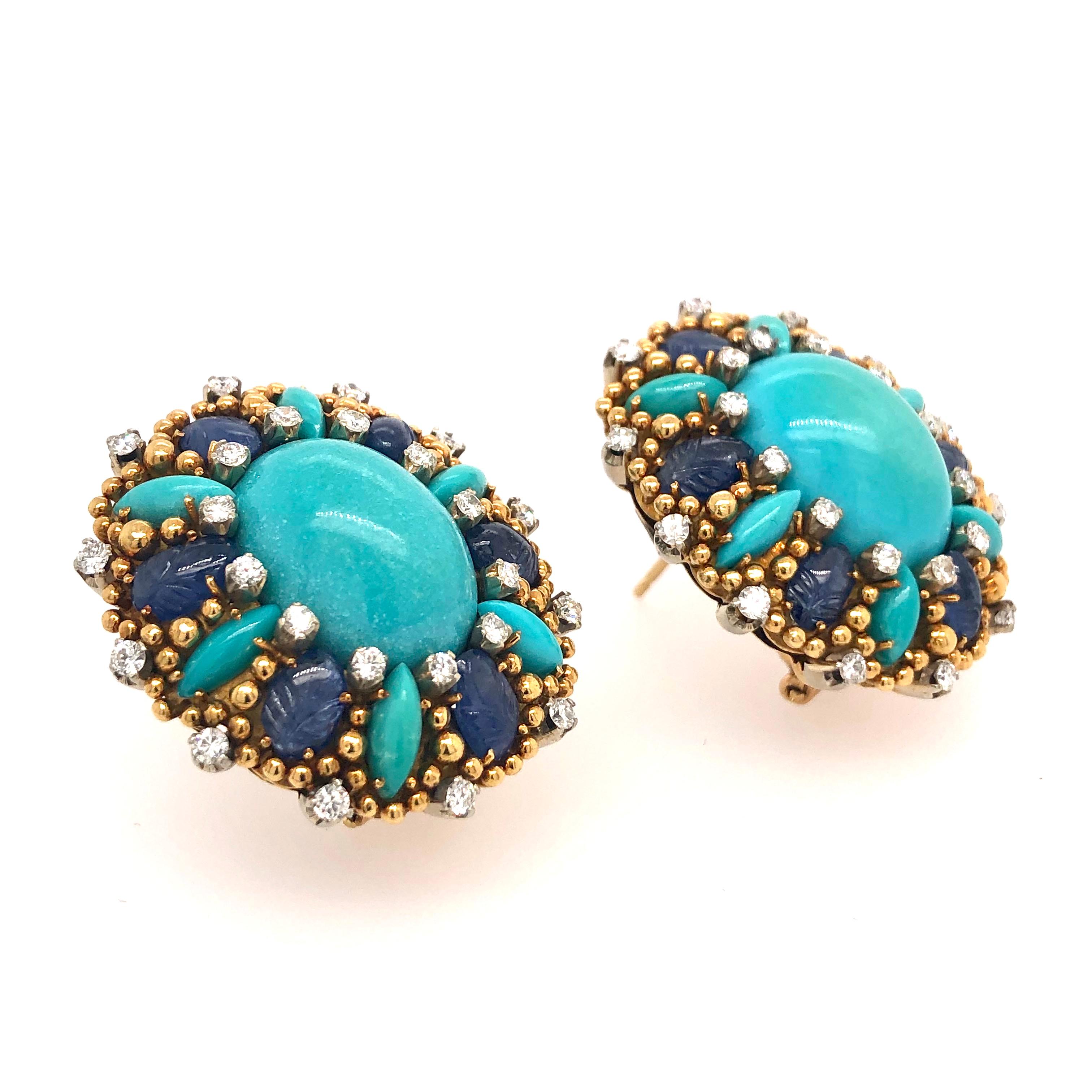 Contemporary Tiffany & Co. Turquoise Sapphire and Diamond Yellow Gold Earrings