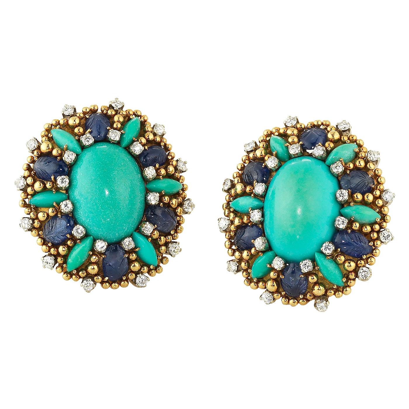 Tiffany & Co. Turquoise Sapphire and Diamond Yellow Gold Earrings