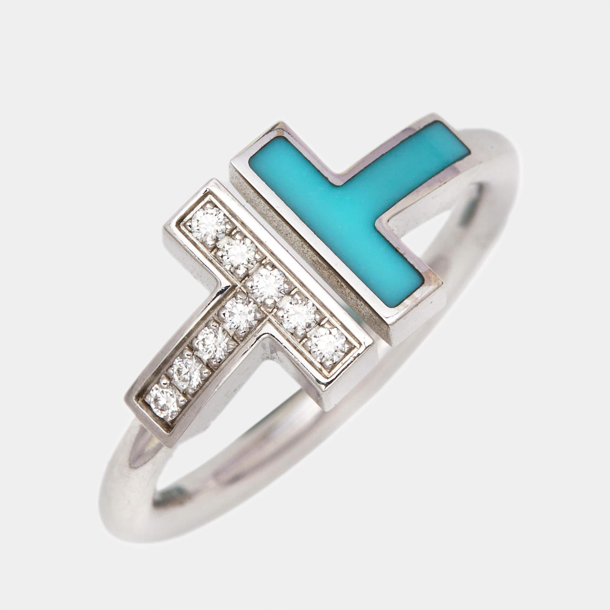 Women's Tiffany & Co. Twire Turquoise Diamonds 18k White Gold Ring Size 52 For Sale