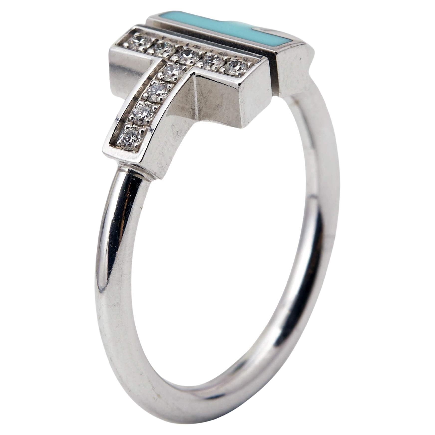 Tiffany & Co. Twire Turquoise Diamonds 18k White Gold Ring Size 52 For Sale