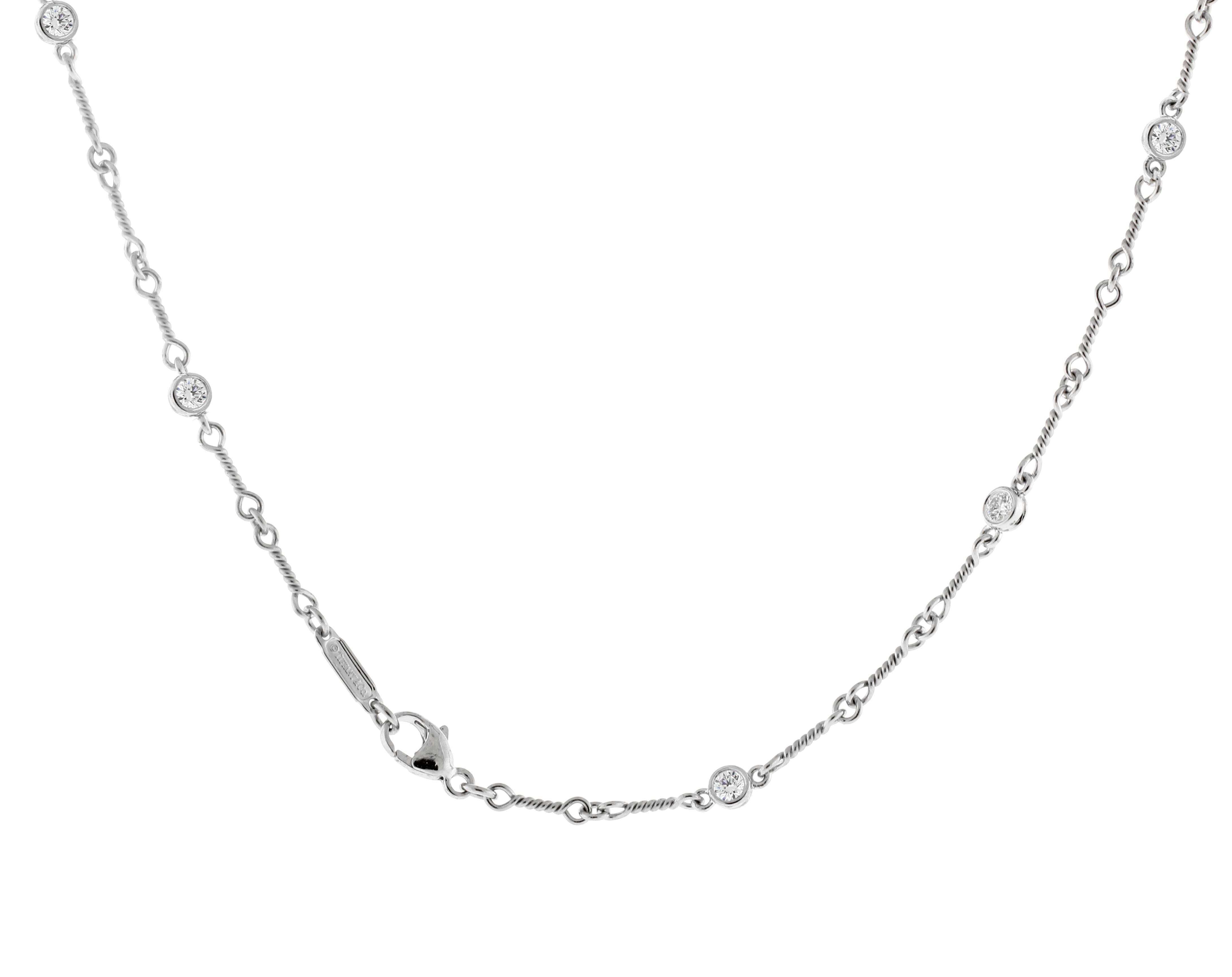 From Tiffany & Co. thier twisted bar necklave with .75 carats of diamonds
♦ Designer: Tiffany % Co.
♦ Metal: Platinum
♦ Circa 21st Century
♦  16 inches
♦  12 Diamonds= .75 Carats, F-G Color, VVS
♦  Packaging: Tiffany folder
♦  Condition: Excellent ,
