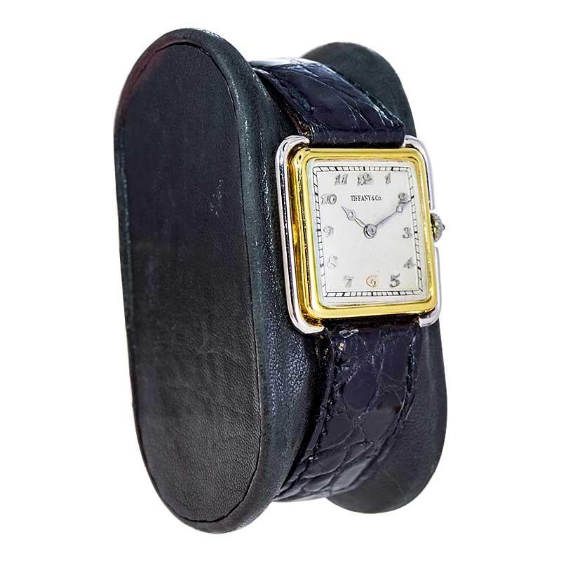FACTORY / HOUSE: Haas Neveux for Tiffany & Co.
STYLE / REFERENCE: Art Deco Tank Style 
METAL / MATERIAL: Platinum & Gold
CIRCA / YEAR: 1920's
DIMENSIONS / SIZE: Length 27mm X Width 27mm 
MOVEMENT / CALIBER: Manual Winding / 18 Jewels 
DIAL / HANDS: